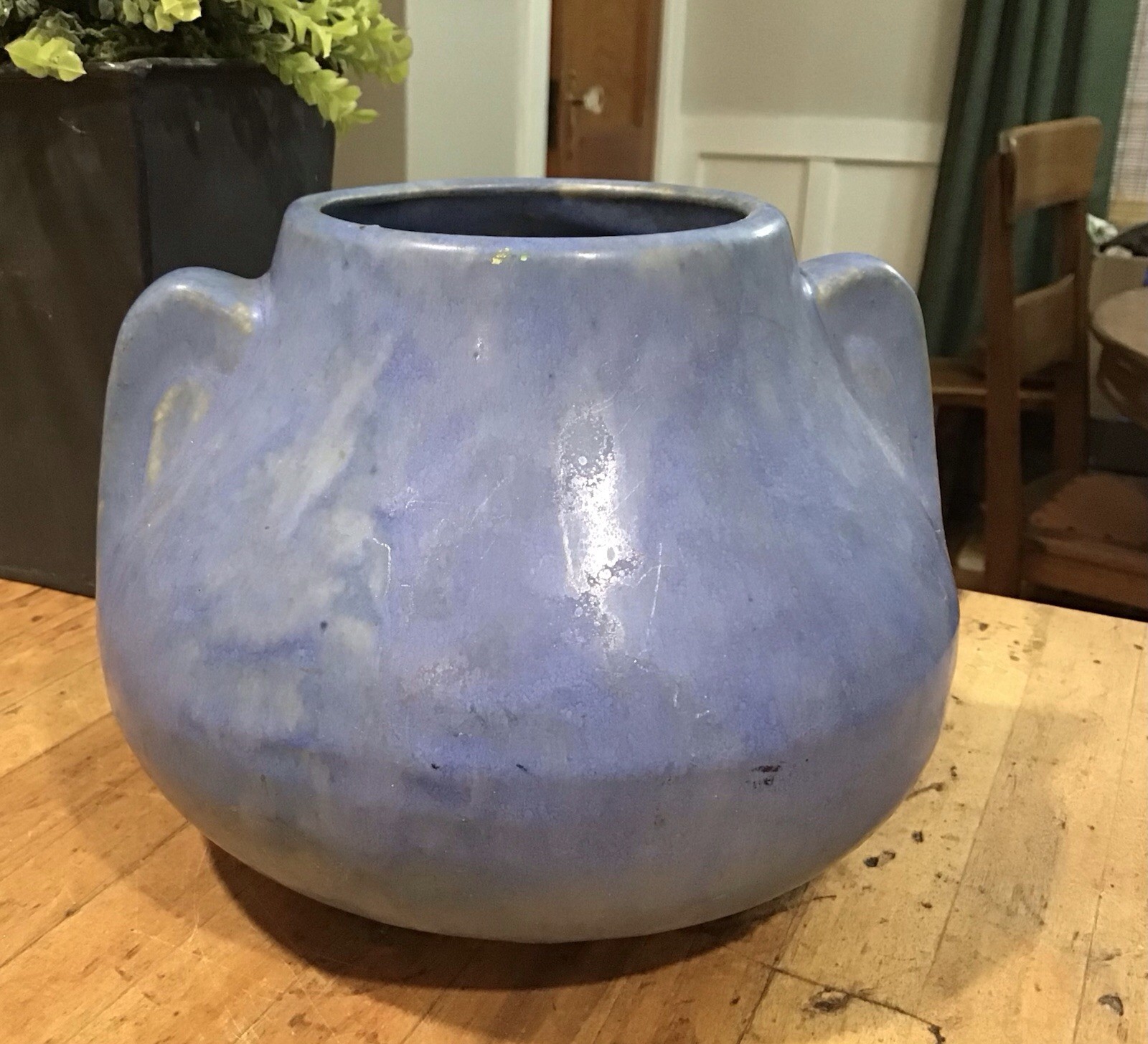 Vintage Brush McCoy Art Deco Craftsmen Pottery Matte Blue Vellum Handled Vase