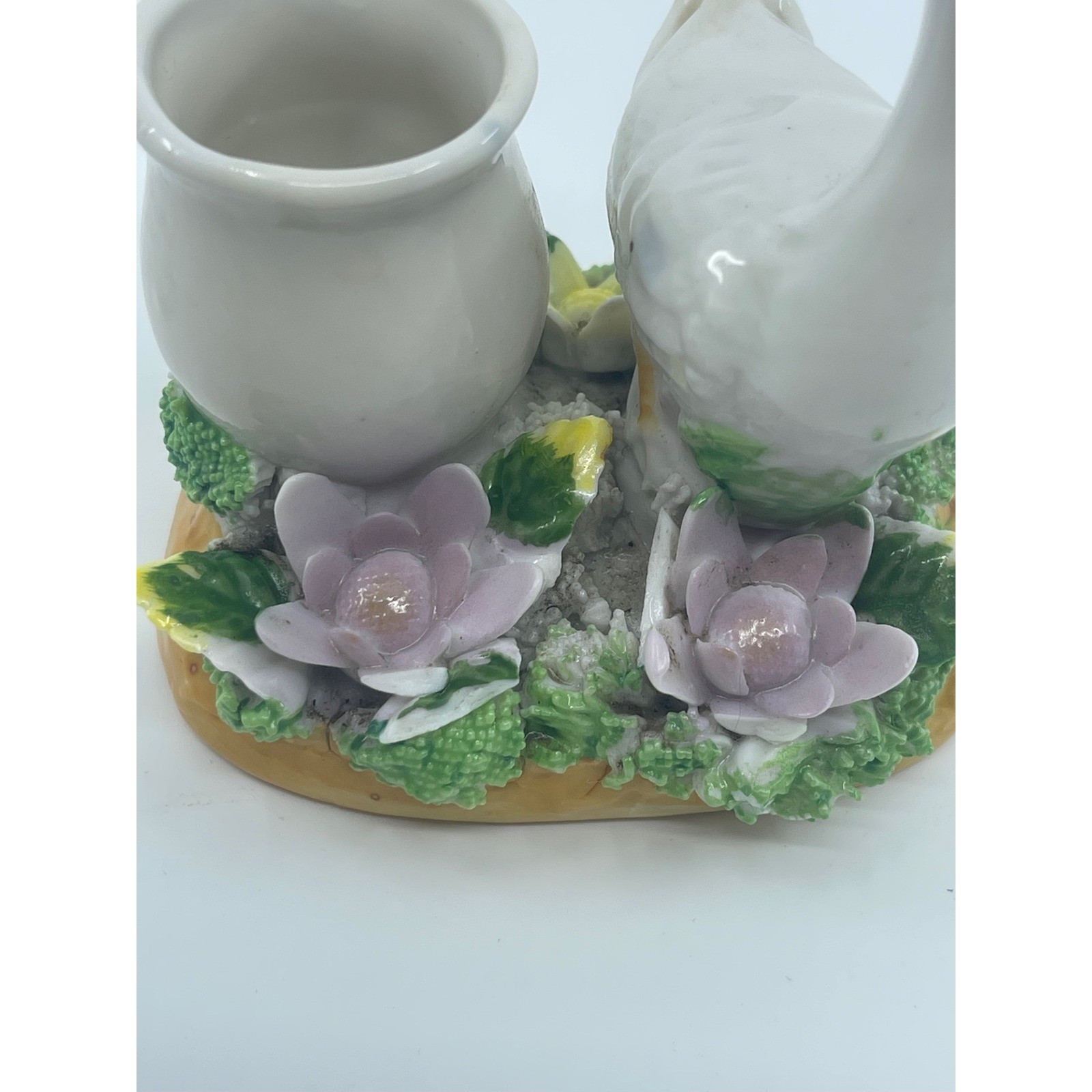 Vtg Ceramic Goose Planter Pot Holder With Purple Lily Flowers 4″