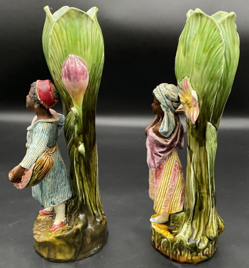 Pair of Continental Majolica Barbotine Blackamoor Figural Flower Spill Vases