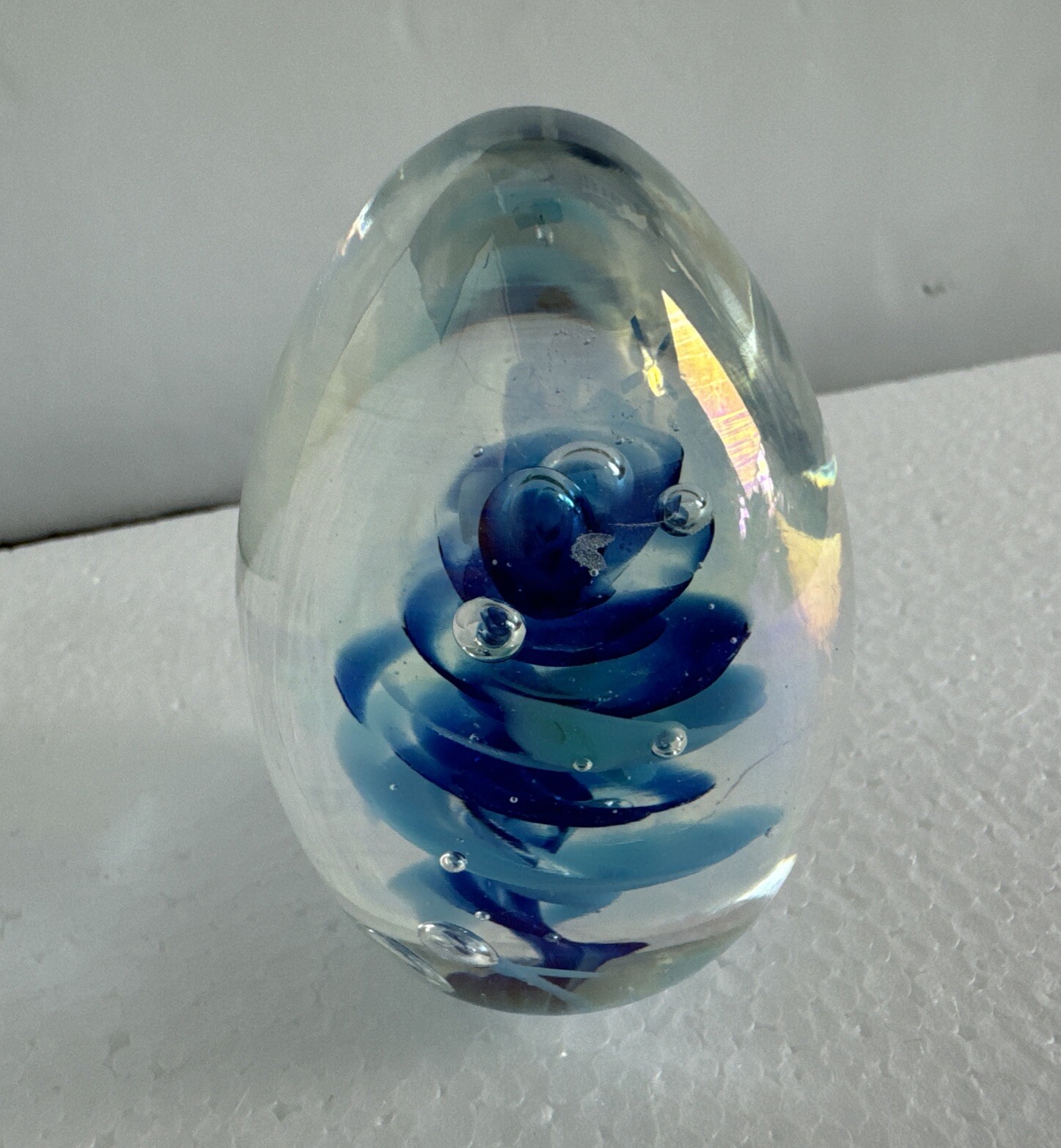 Glass Art Paperweight Iridescent Egg-Shaped Glass Bubble Signed ‘93 V