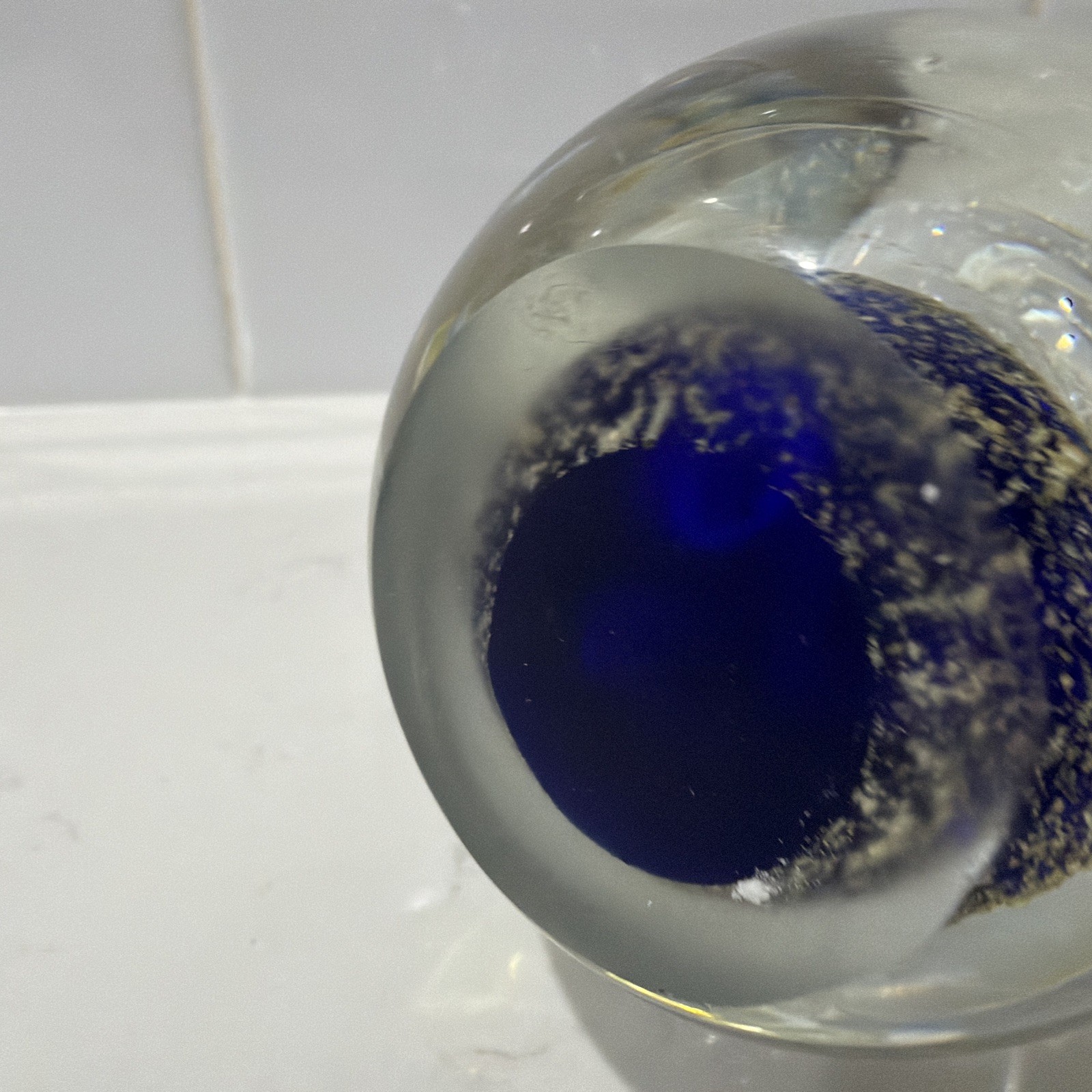 VTG Paperweight Clear Cobalt Blue with Clear Swirl Helix and Gold Flecks