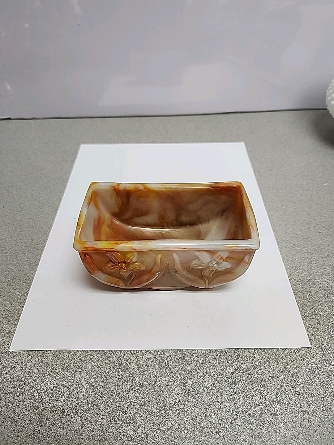 Vintage Akro Agate Planter Orange And White Slag Glass Trinket Dish USA Daffodil