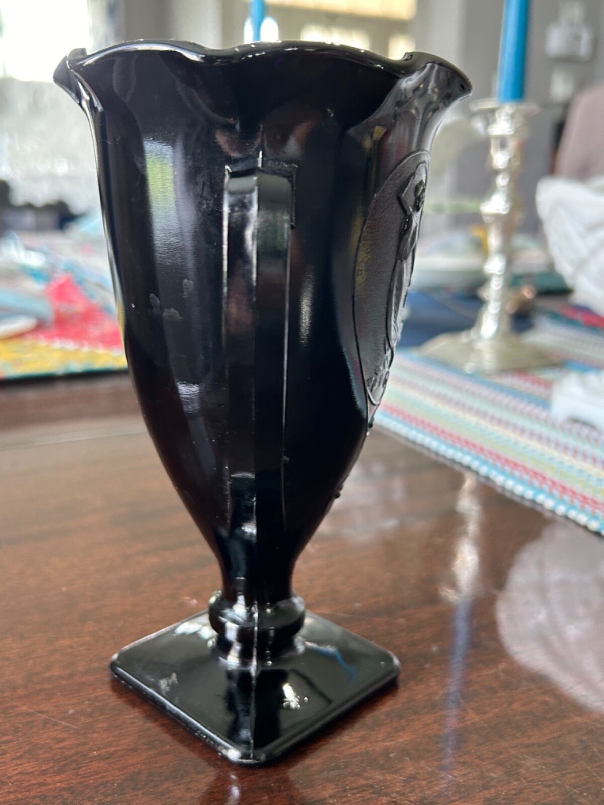 Vintage 1930’s LE Smith Black Amythest Glass Trophy Vase Dancing Nymph App 7 ¼”