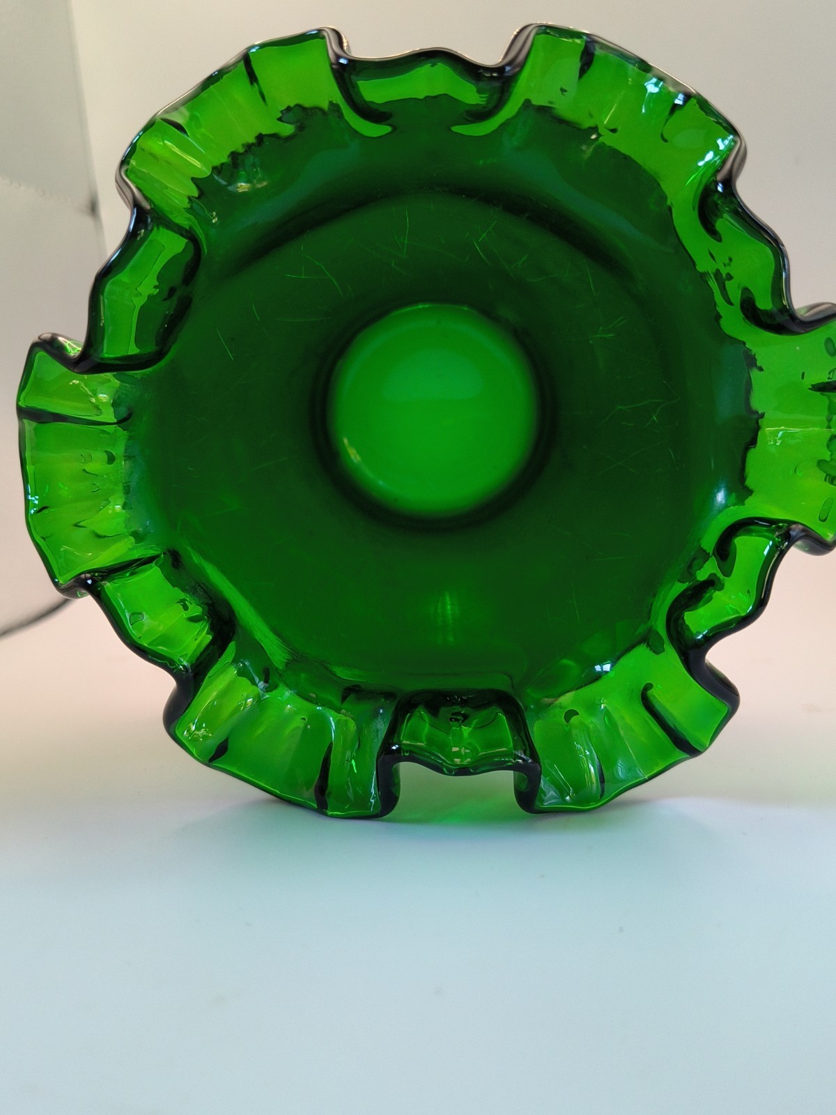 Vintage Fenton Forest Green Glass Ruffled Flower Pot Planter Attached Saucer