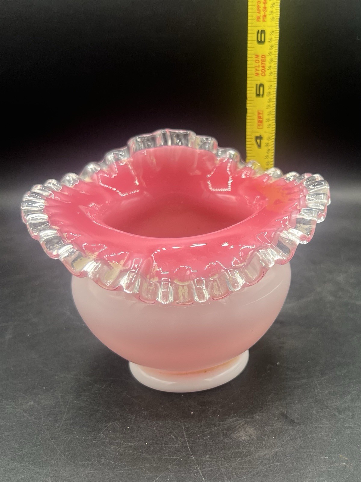 Vintage Fenton Peach Crest White Cased Melon Vase Pink Interior Ruffled Rim 5.5”