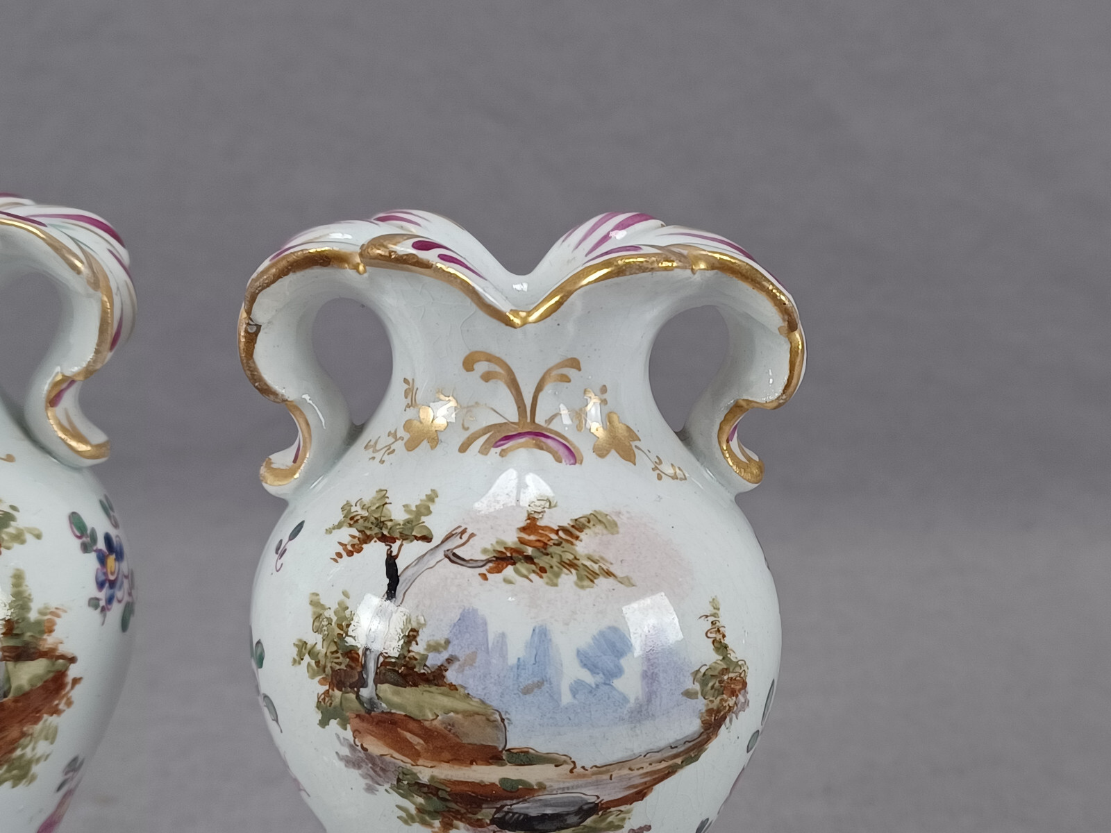 Pair of Late 19th Century French Hochst Style Hand Painted Watteau Faience Vases