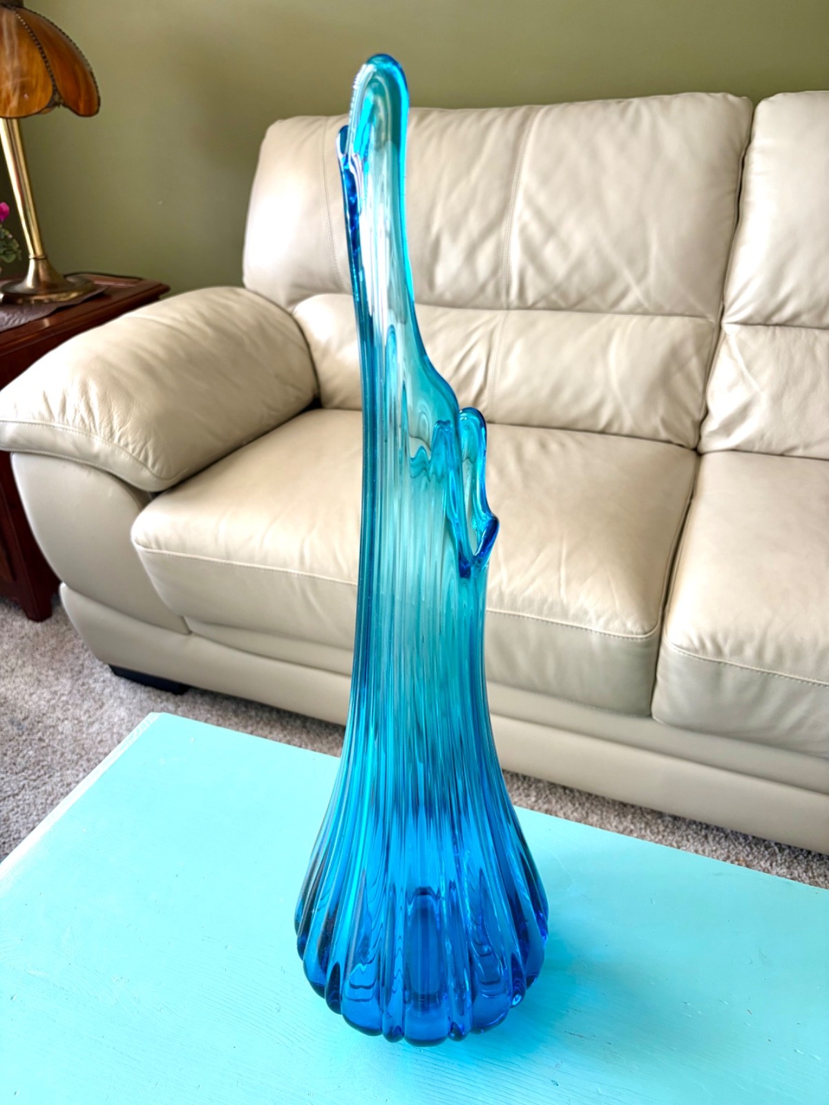 HUGE Vintage MCM LE Smith peacock blue swung vase fat bottom ribbed