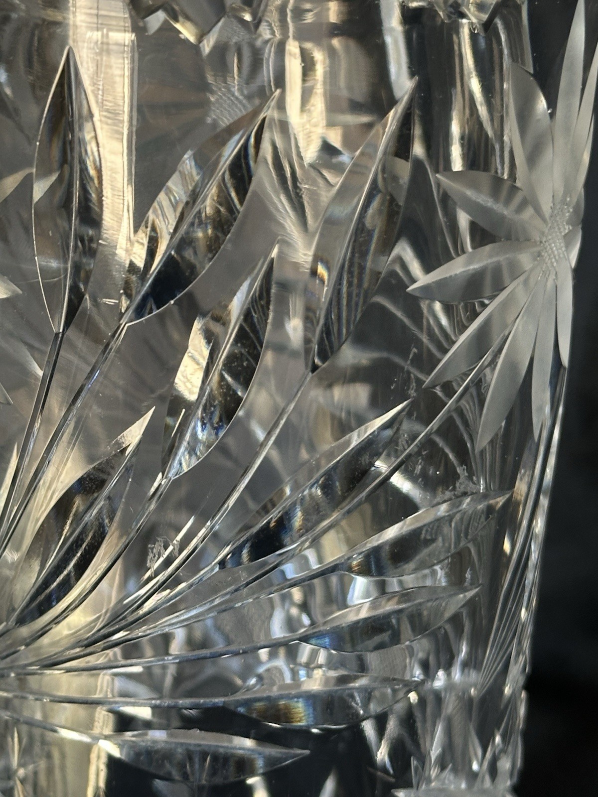 Antique American Brilliant Cut Glass Vase 12” Floral Daisy Pattern Zig Zag Rim