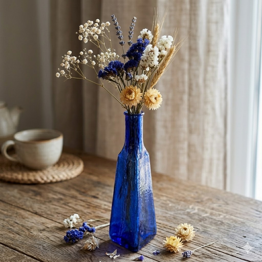 Vintage Cobalt Blue Triangular Glass Bottle Vase 9.5″ Geometric Decor
