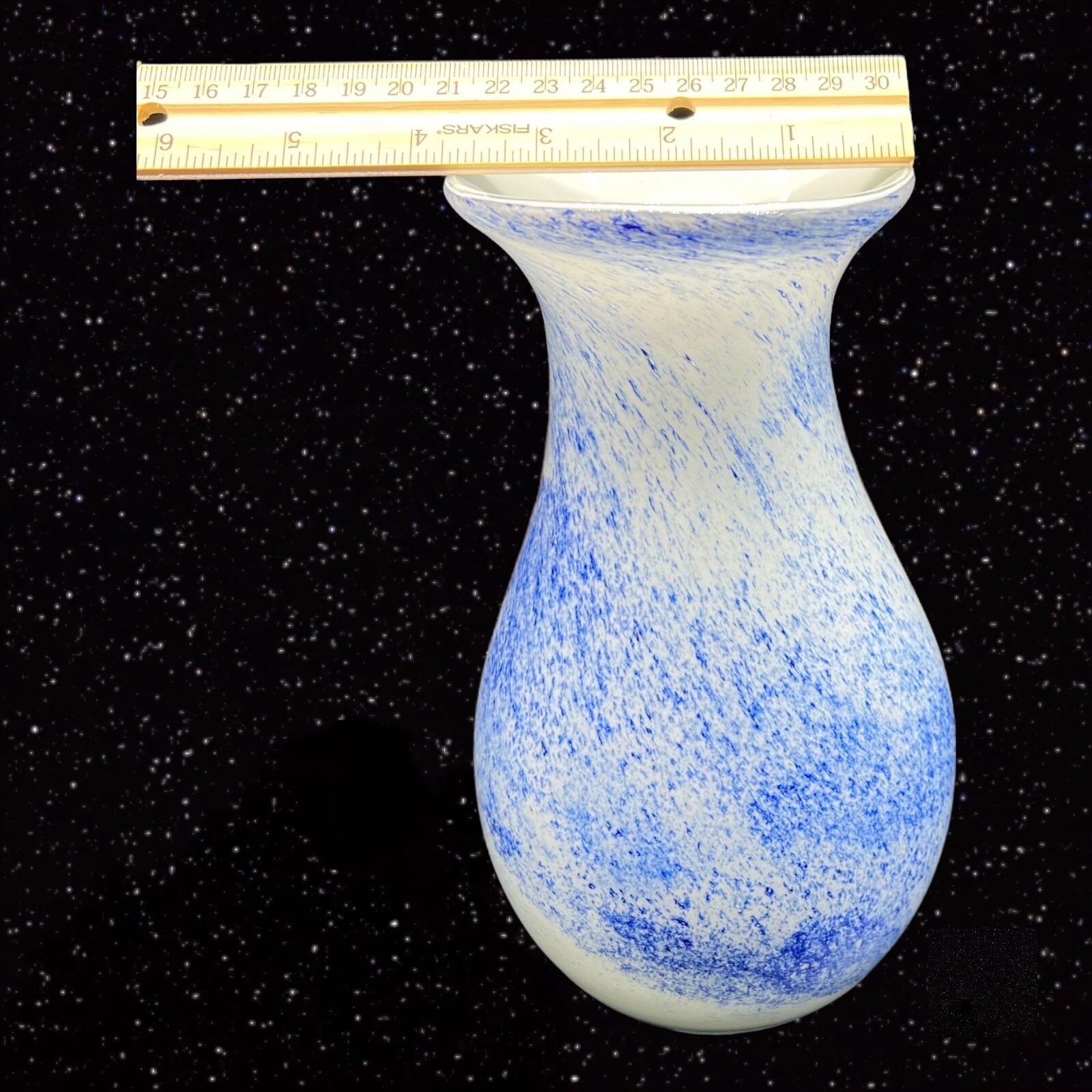 Art Glass Vase Splashed Multicolor Dots Blue White Cased 8”T 3.5”W