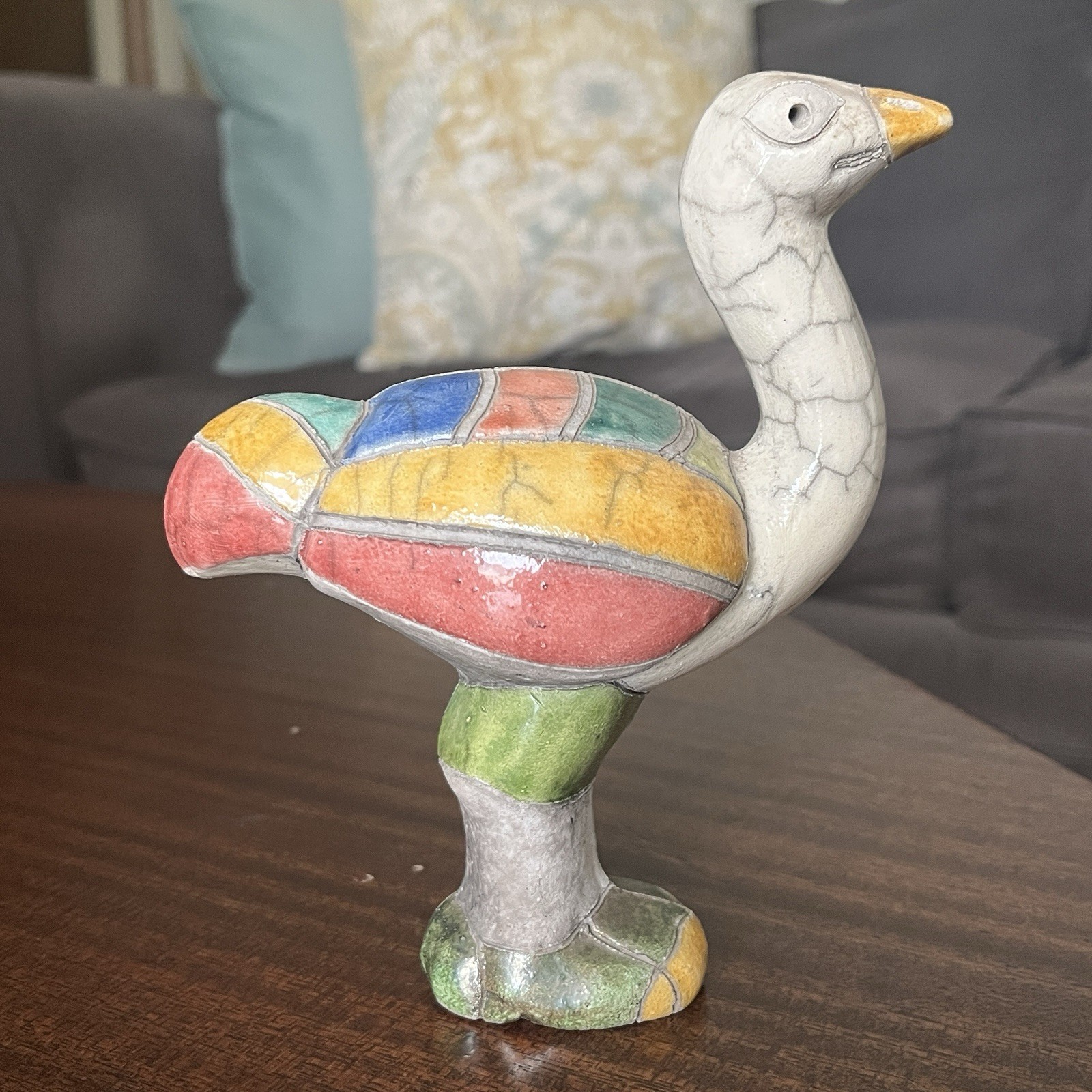 Vintage Raku Ostrich Figurine South Africa Vivid Glaze Colors Ceramic Pottery