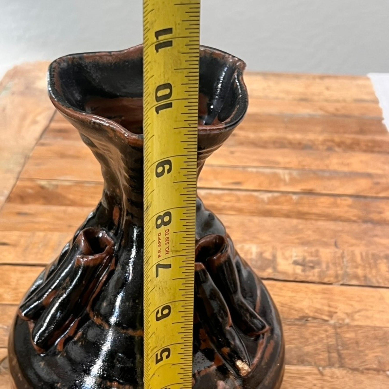 Studio Art Pottery Vase 9.5″ Abstract Black Brown Glazed Modernist Brutalist