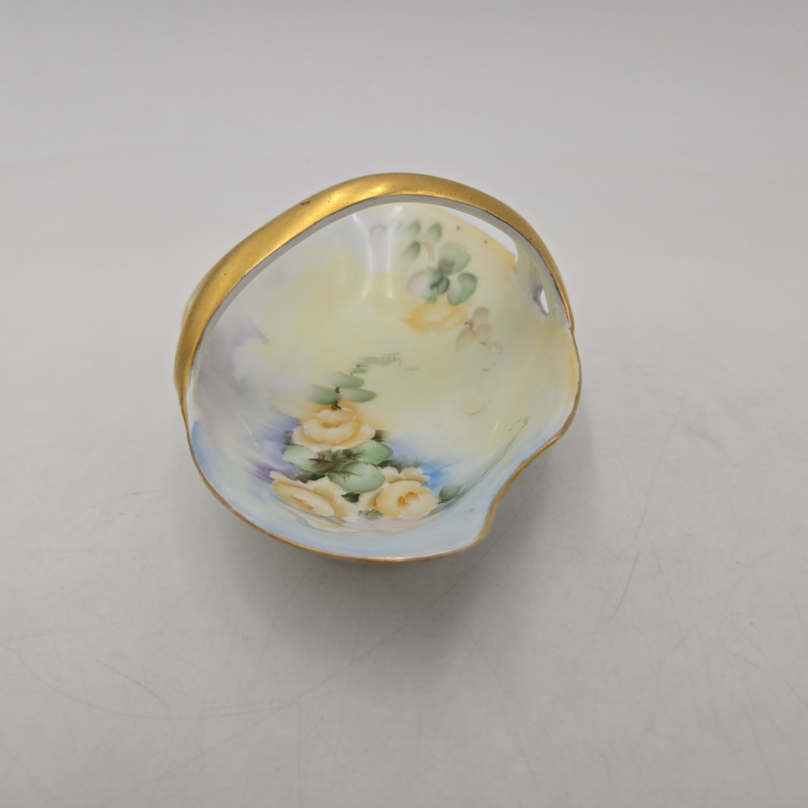 Vintage RS Germany Painted Yellow Floral Basket Style Candy Dish | Gold Accents