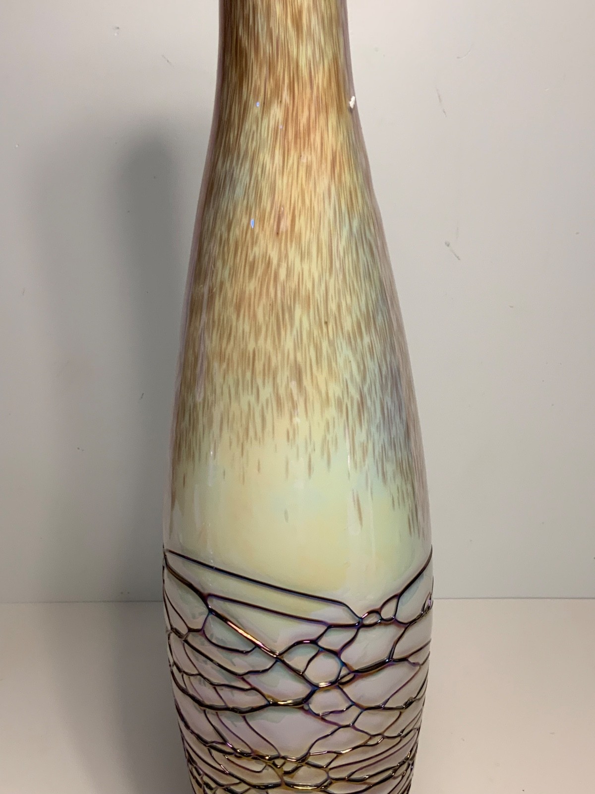 Vintage Pink & White Iridescent Cased Glass Vase 15.75 in.