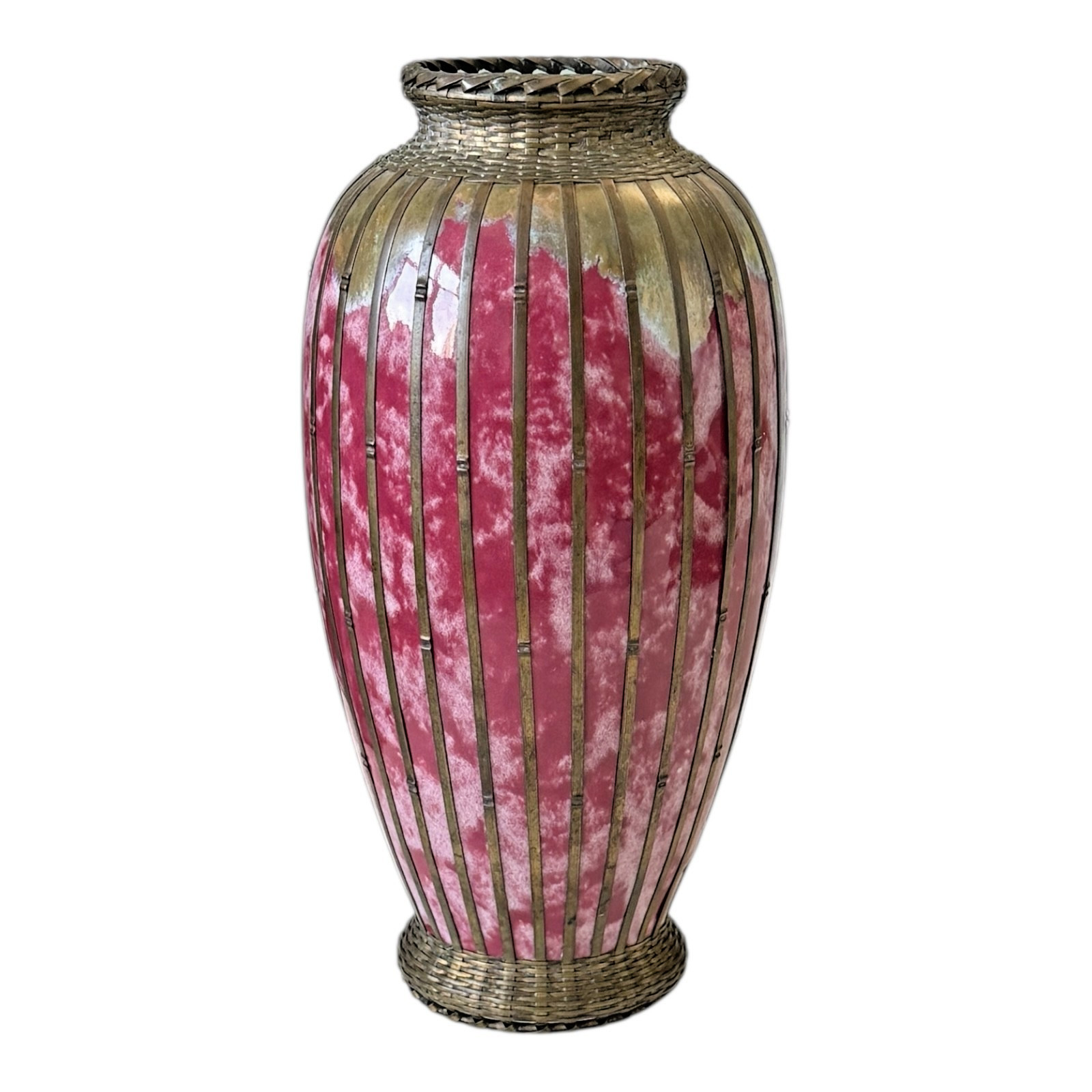 Antique Japanese Meiji Period Pink Art Vase with Metal Basket Weave Overlay
