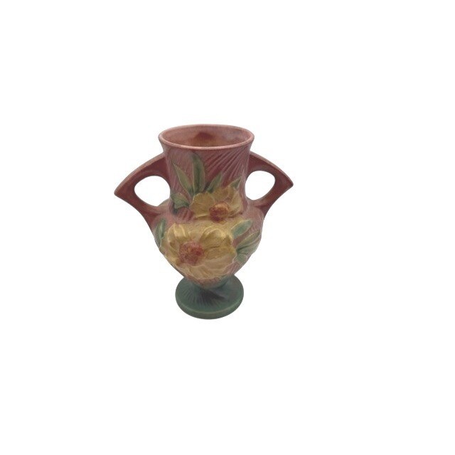 Roseville Peony Vase 168-6 Sienna Brown Yellow Floral Double Handle Art Pottery