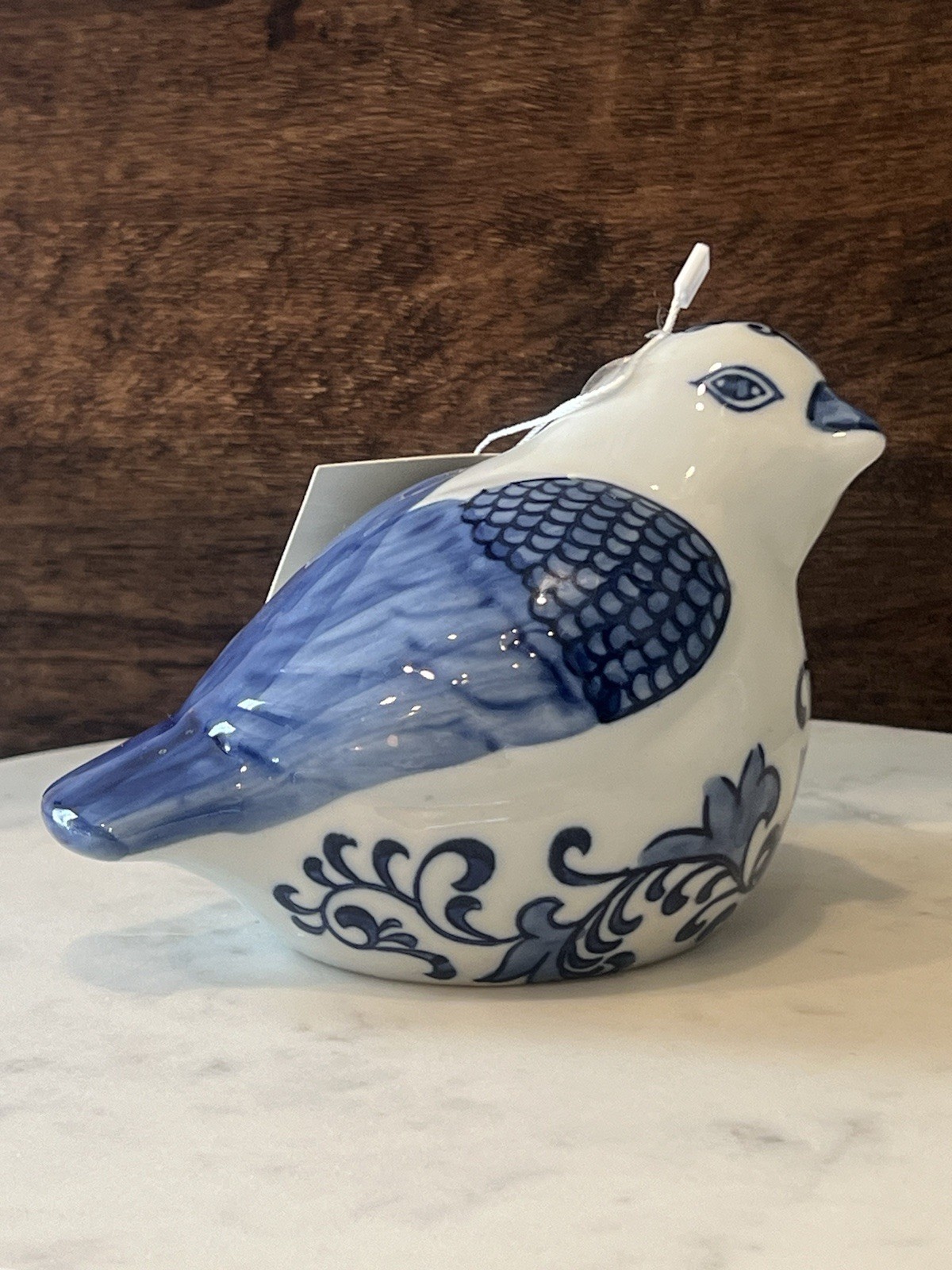 Blue And White Floral Chinoserie Delft Hand Painted Bird Ceramic Decor Figurine