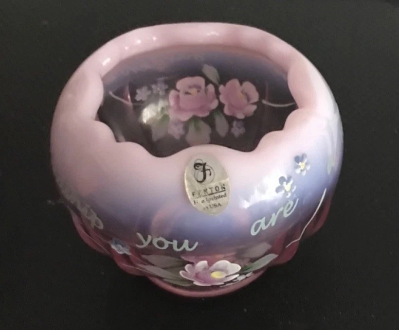 FENTON PINK OPALESCENT GLASS PAINTED ROSE BOWL “IN THE GARDEN OF FRIENDSHIP”