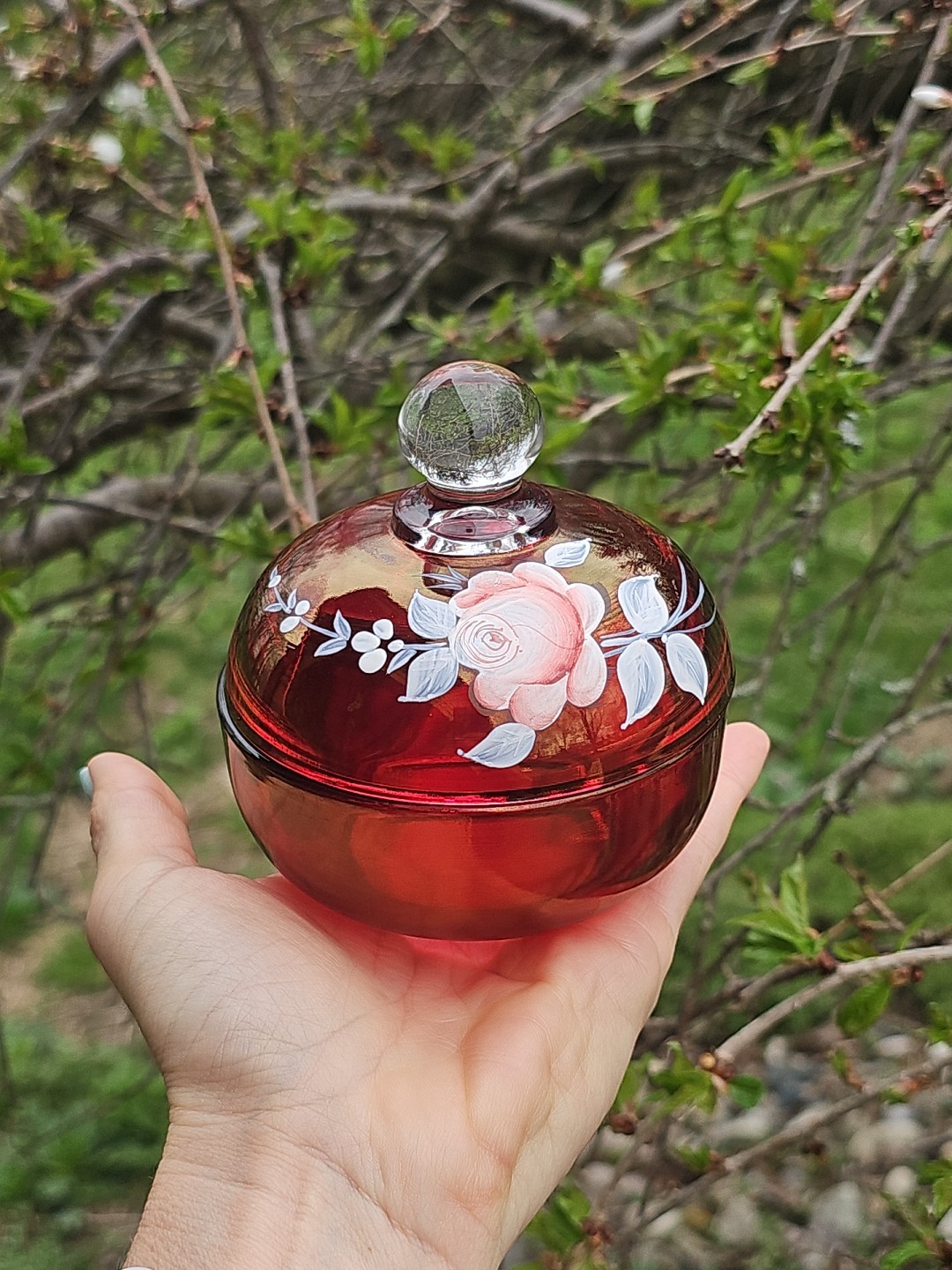 Vtg Westmoreland Cranberry Covered Trinket Dish Vanity Decor Hand Painted Signed