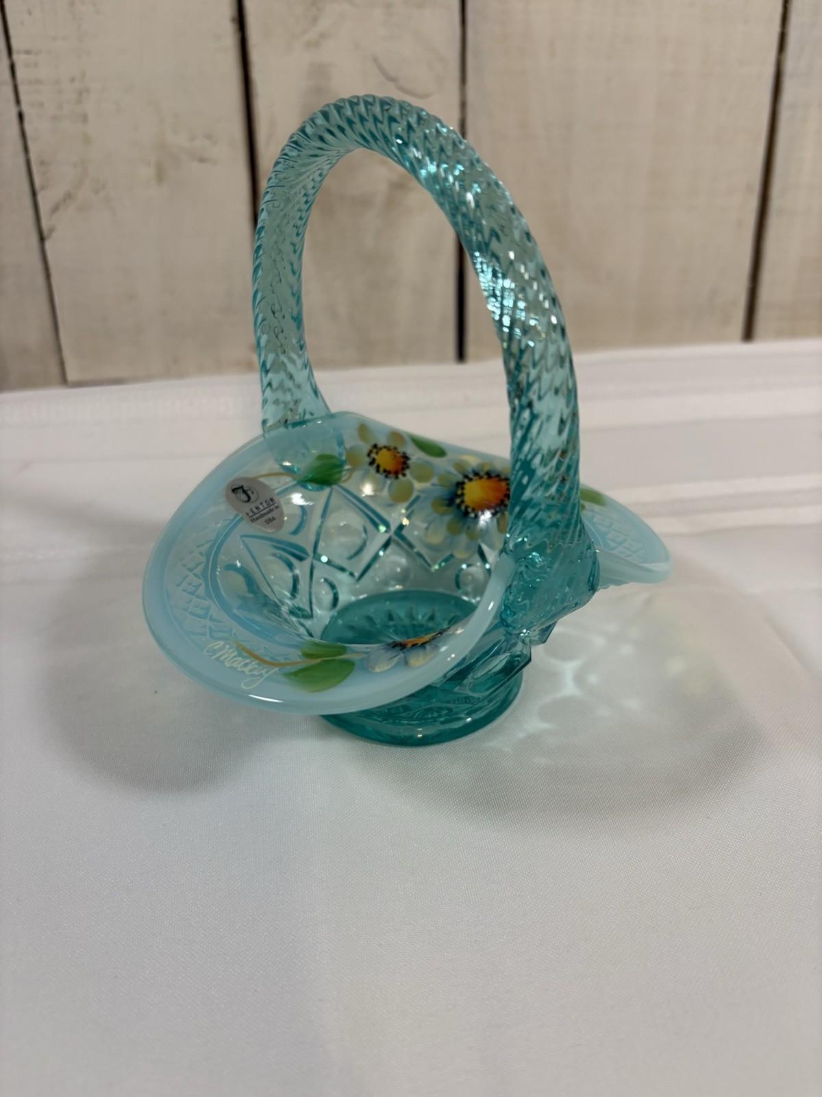 Fenton Robin’s Egg Blue Opalescent Sunflowers Hand Painted Basket Signed