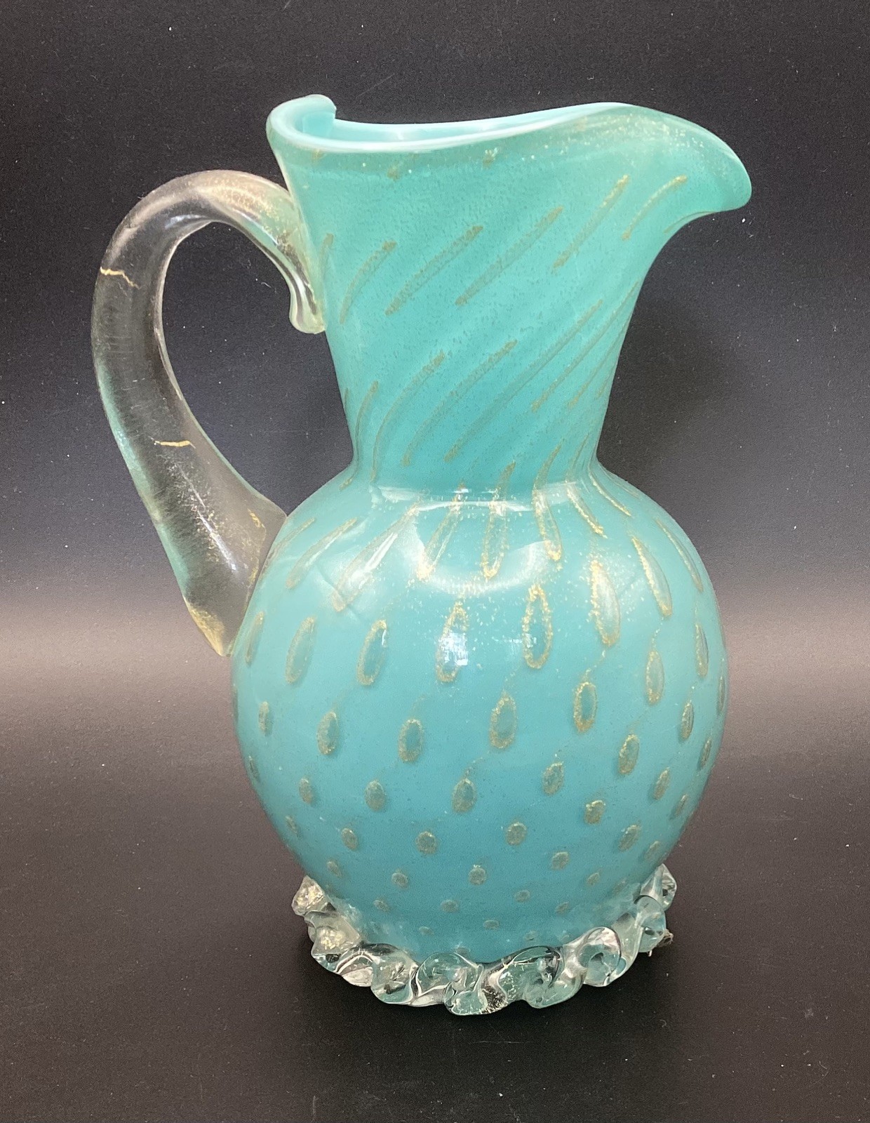 Alfredo Barbini for Weil Murano Turquoise Gold Pitcher Model #W249 Circa 1965
