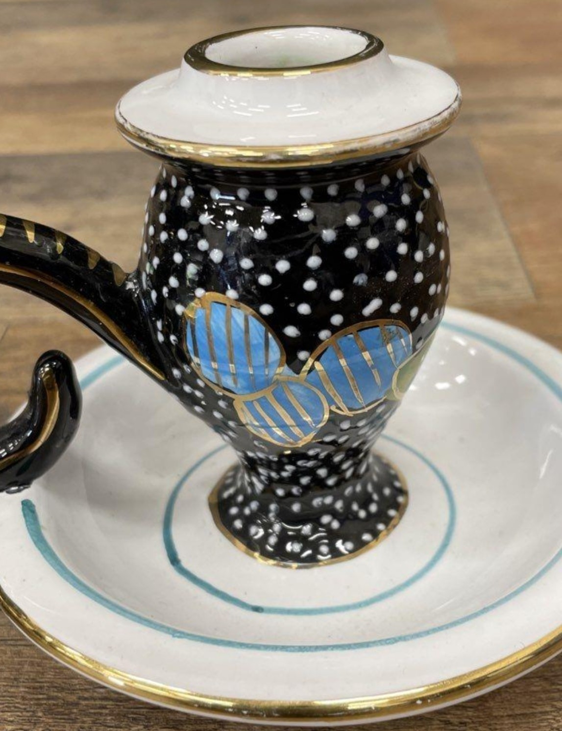 Vintage Deruta Italy Hand Painted Candlestick Holders Pair Black Polka Dot