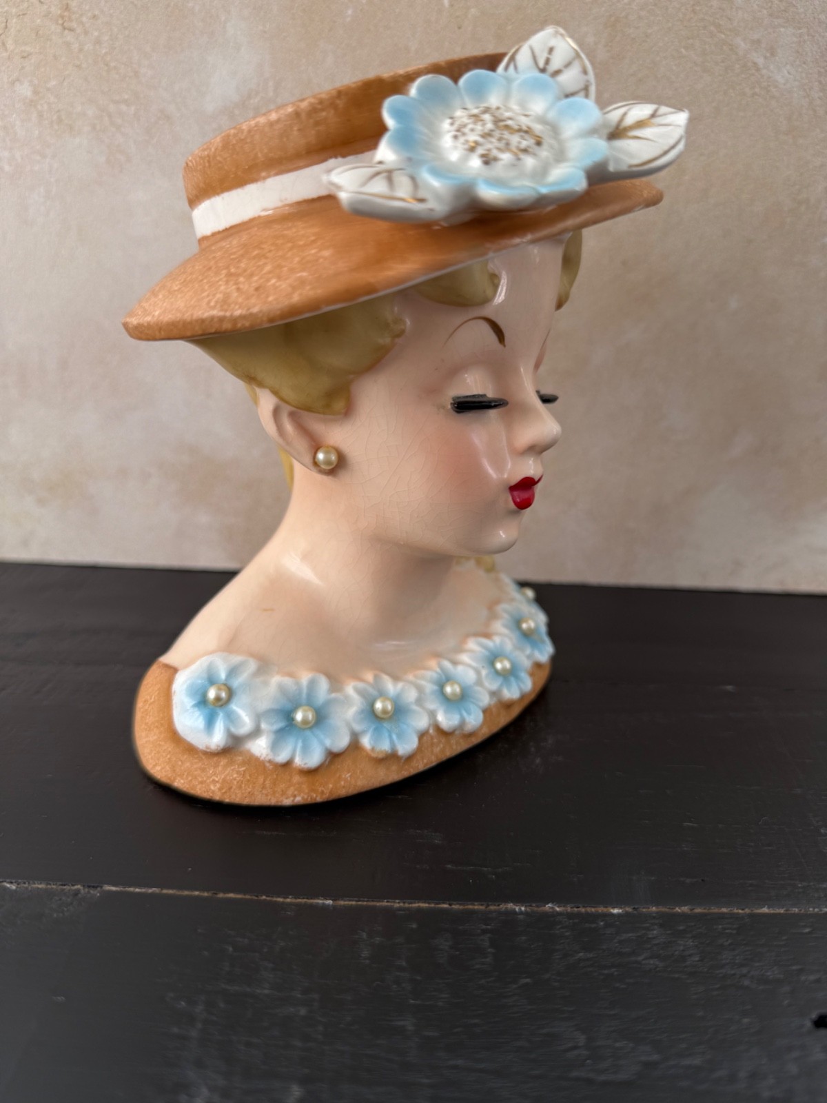 VINTAGE LADY HEAD VASE RUBENS BLONDE BURNT ORANGE DRESS HAT APPLIED FLOWER 5.5”