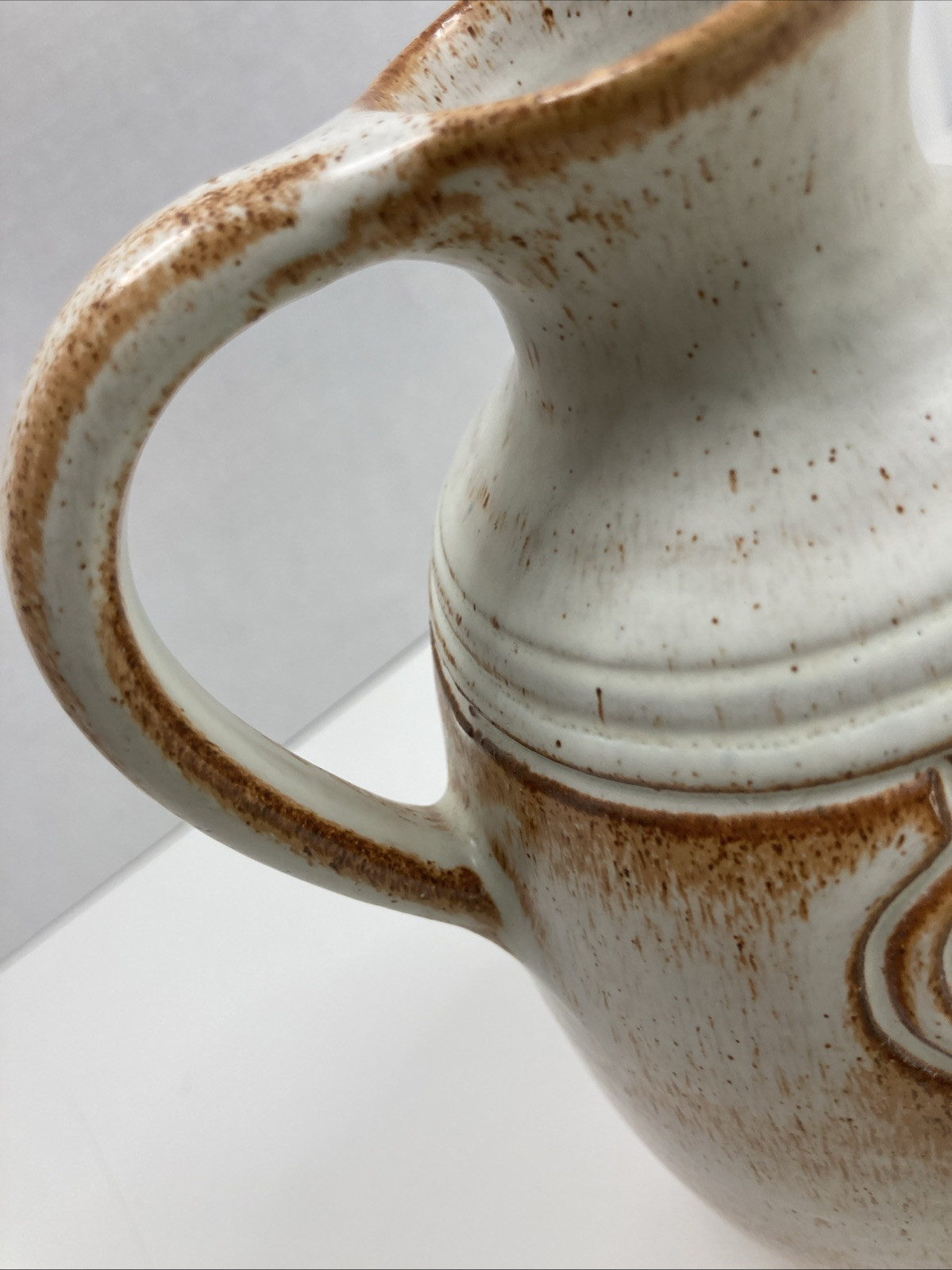 CHS Cyprus Handicrafts Studio Carved Pottery Speckled Ewer Pitcher 7.75” Greek