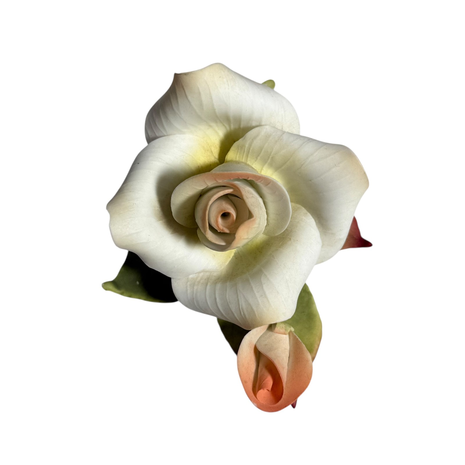 Porcelain Rose Figurine Capodimonte Style White Peach Green Botanical Flower