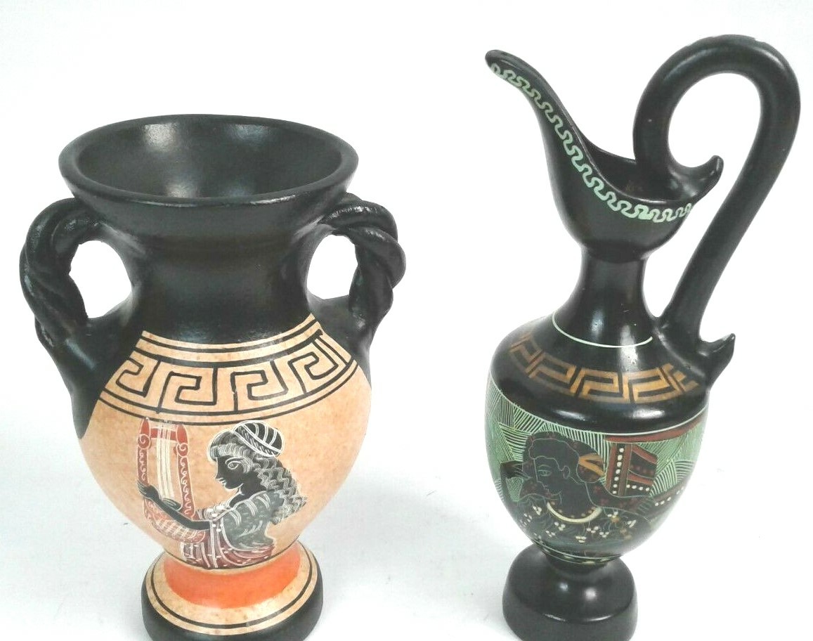 Vintage Hand Painted Handmade In Greece Red Clay Vase 7″Tall & Pitcher 8 3/4″