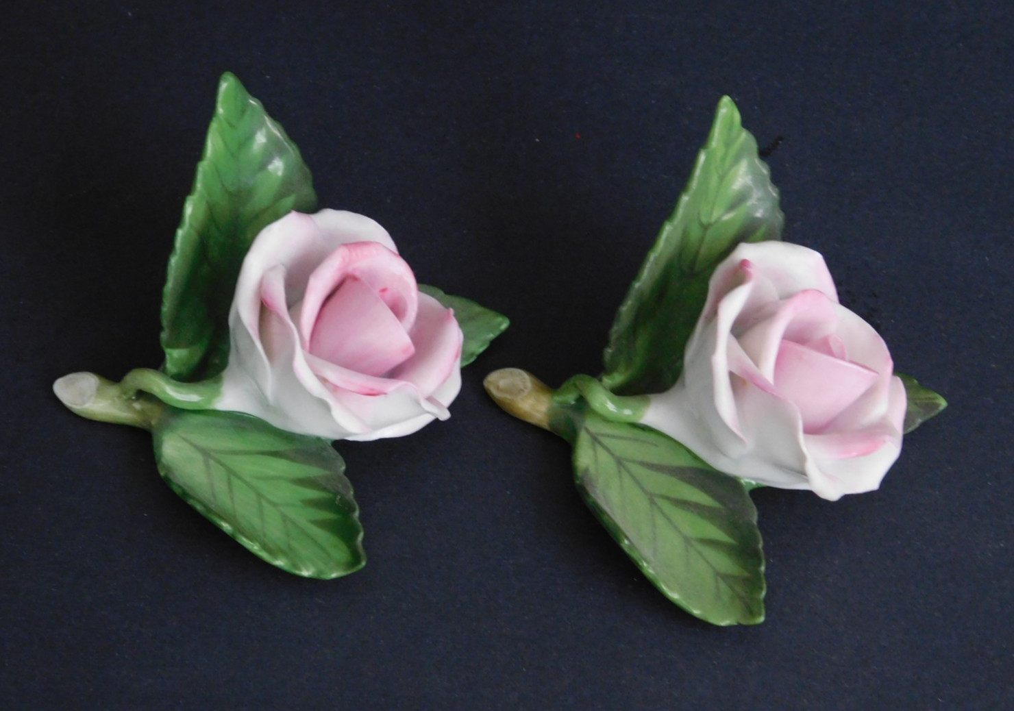 VINTAGE HEREND (1960-1970s): Pair Hand Painted Pink Porcelain Roses & 3 Leaves