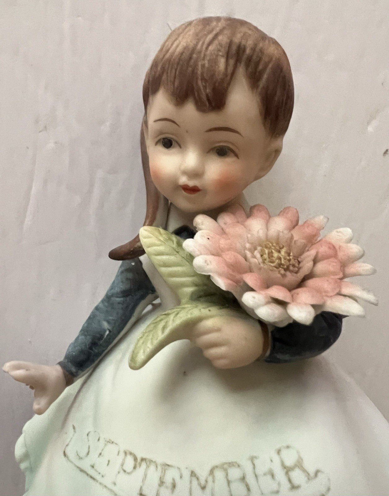 Lefton Birthday Girl Figurine SEPTEMBER 4 1/4” Tall KW 4200 Hand Painted Green