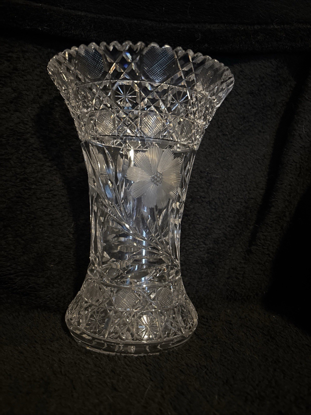 American Brilliant Cut Glass 10” Vase Floral Pattern Glossy Finish Flower Petals