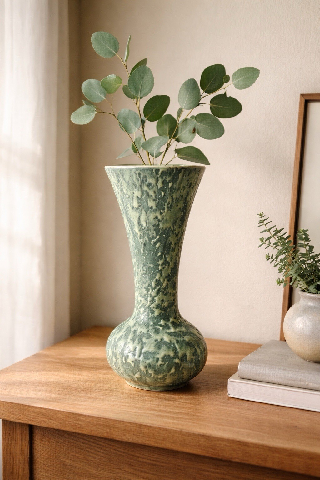 Mid Century Studio Pottery Vase Green Lava Drip Glaze 7” Organic Modern Decor