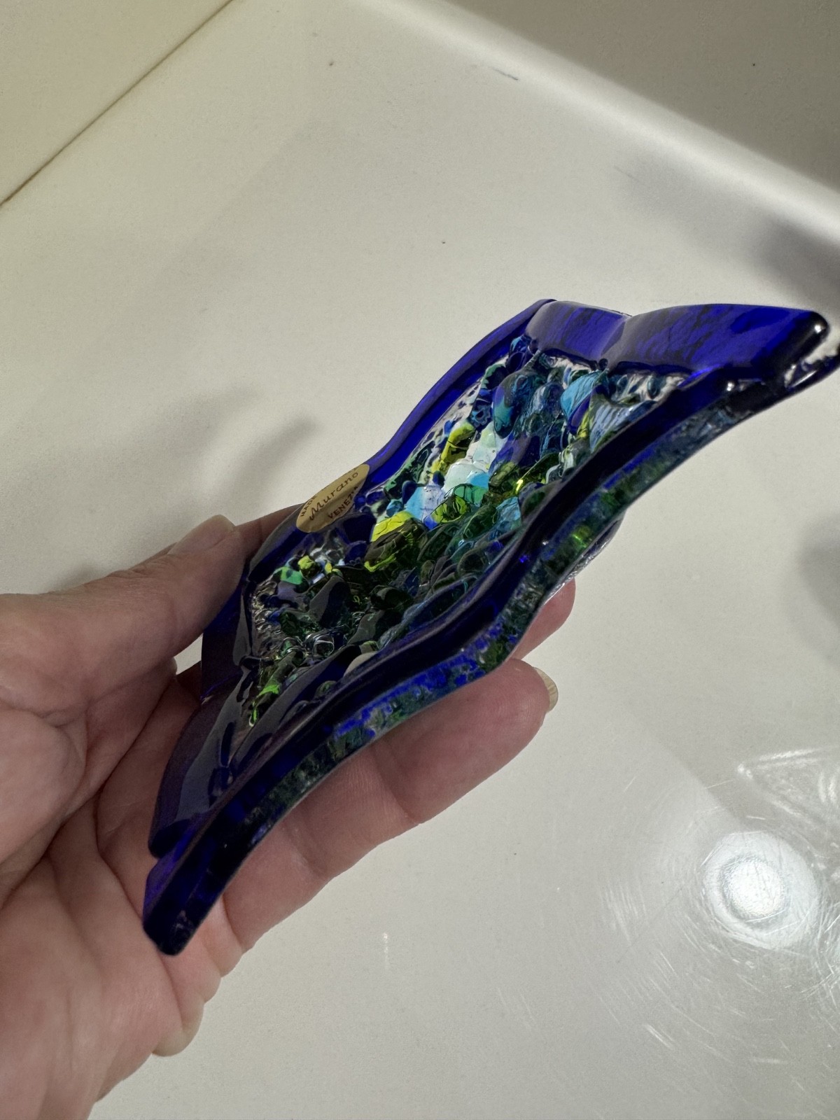 Murano Venetia Hand Fused Millefiori Blue Art Glass Candy Trinket Dish Square
