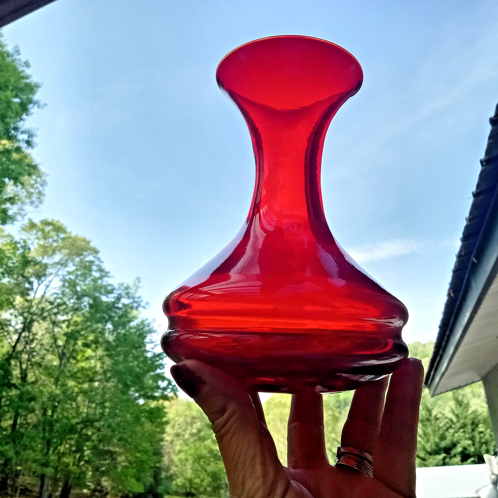 VTG Ruby Red Art Glass Hand Blown MCM Vase 5 3/8″ Flared Rim Bulbous Base Heavy