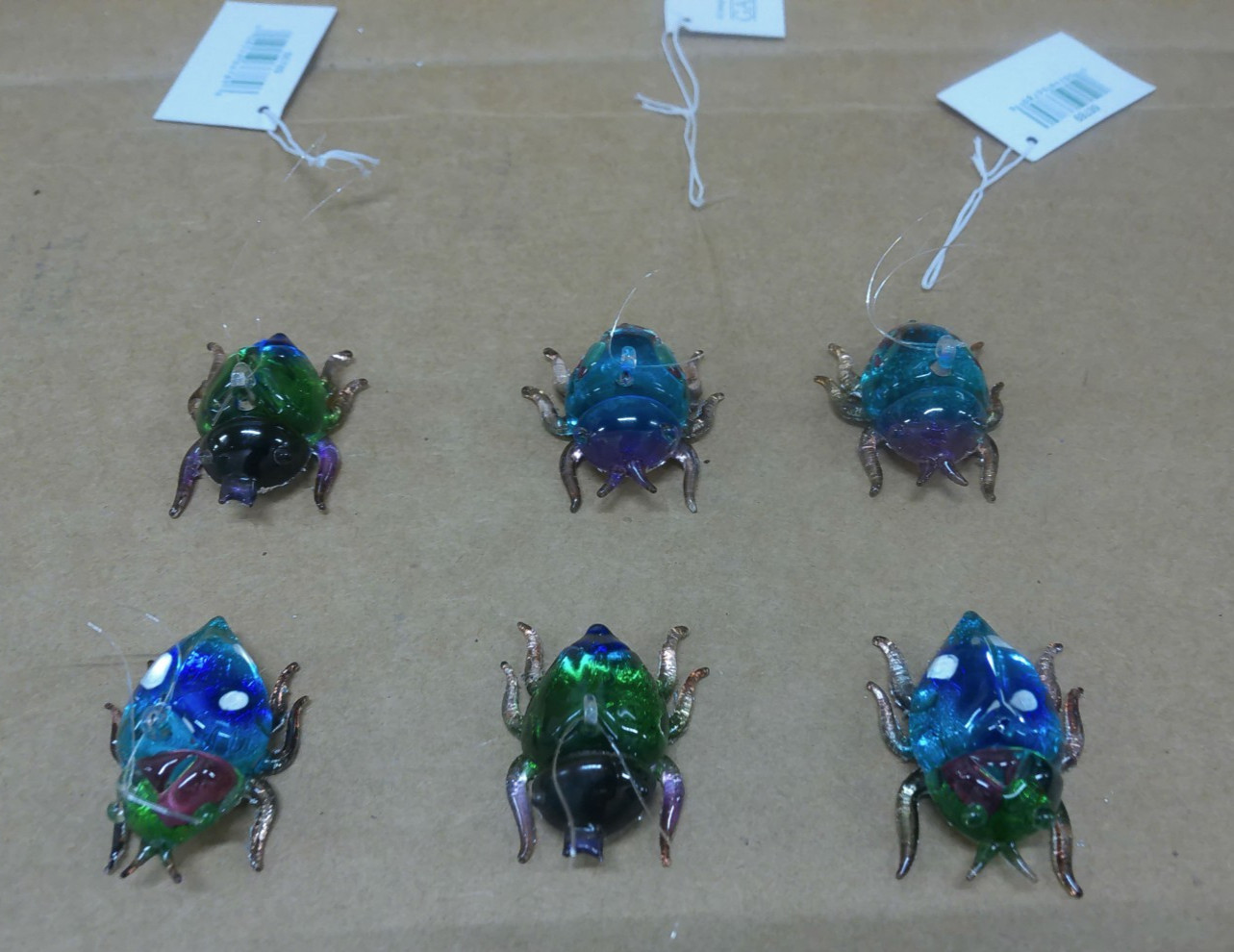 Lot of 6 Multicolor Blown Glass Beetles – Handmade Decorative Figures