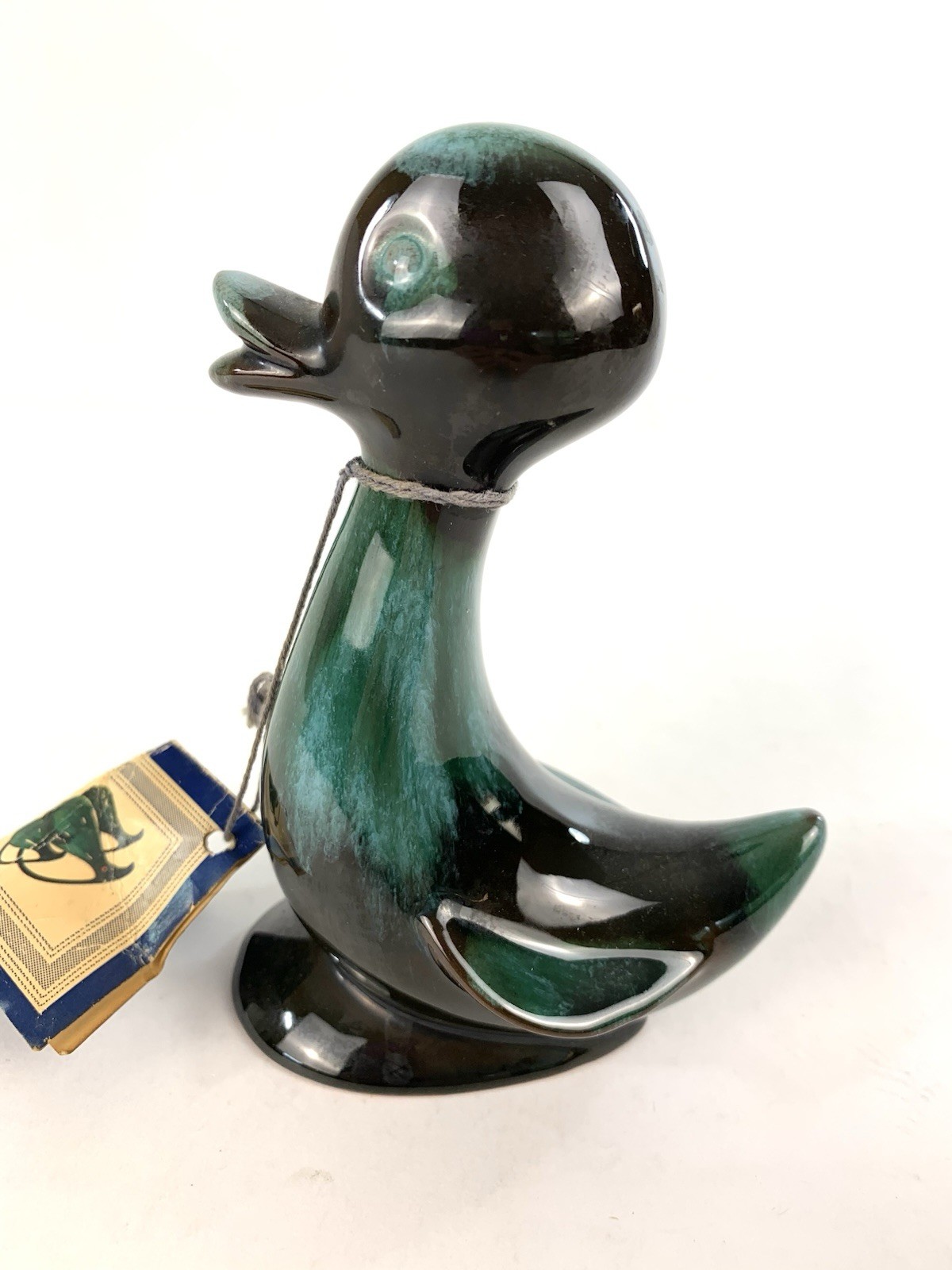 VTG Blue Mountain MCM Pottery Duckling Blue Teal Green Drip Glaze Figurine 5.5”