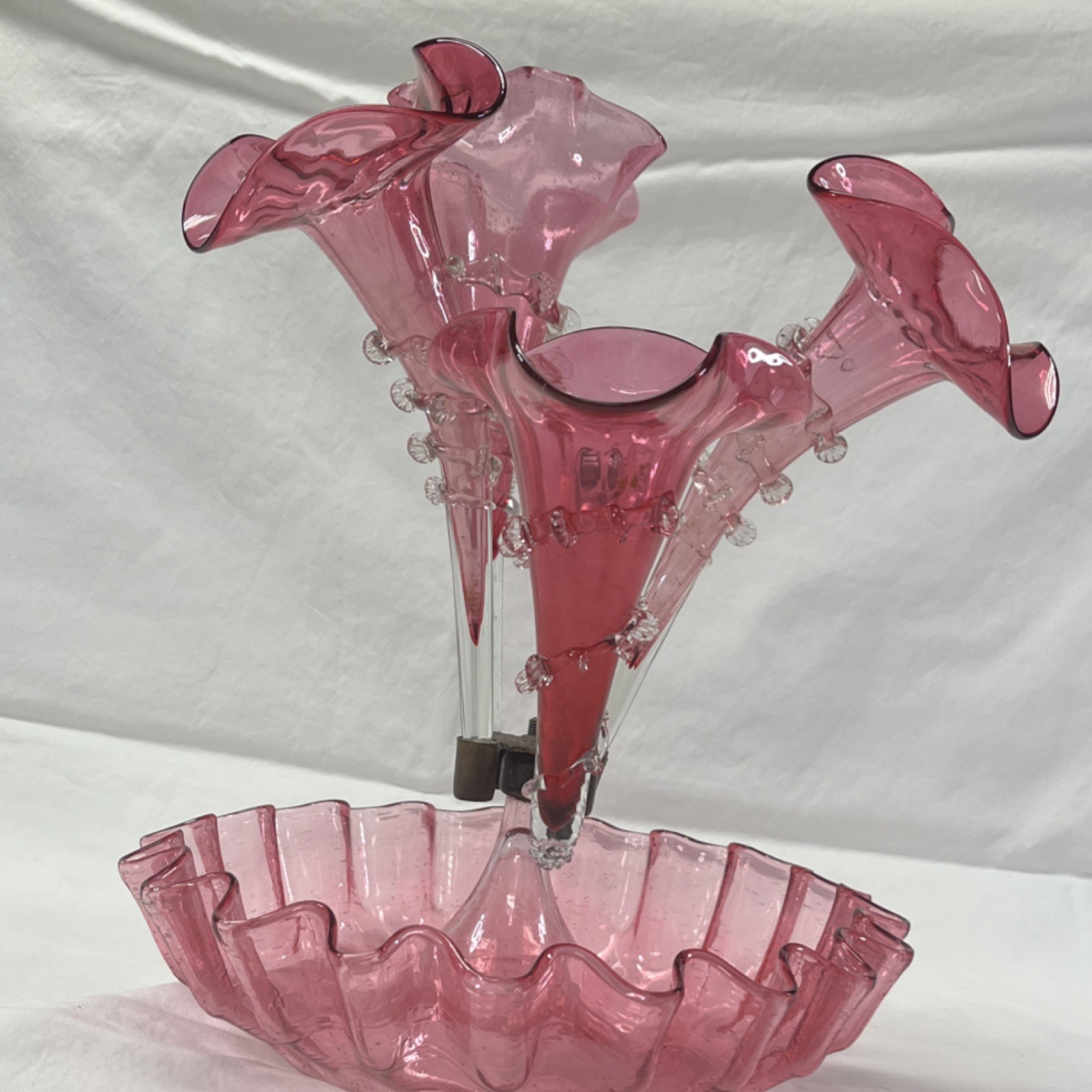 Victorian Pink Hand Blown Art Glass Epergne Vase with Ruffled Edge Free Shipping