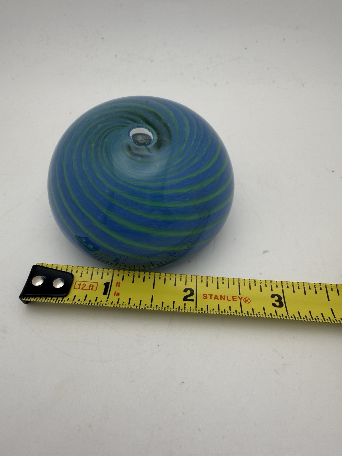 Island Studio Glass Guernsey Blue Green Swirl Art Glass Paperweight w/ Sticker