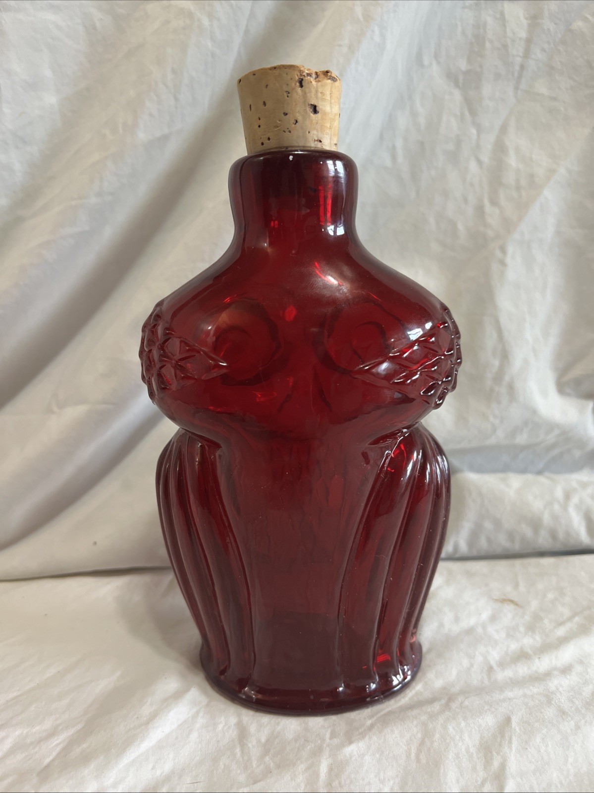Vintage Ruby Red Owl Glass Bottle Decanter Original Cork Stopper MCM Figural