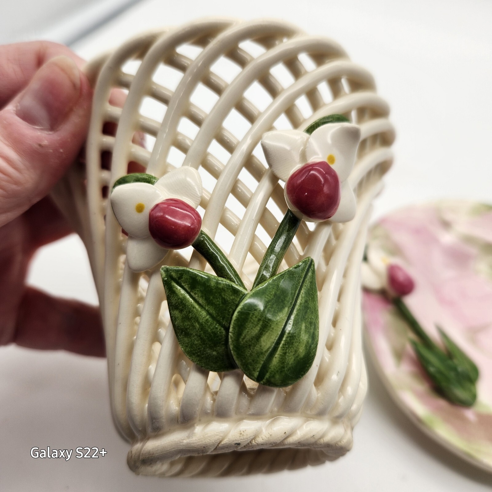 Vintage Woven Lattice Basket Saucer White Ceramic Reticulated Capidamonte Style
