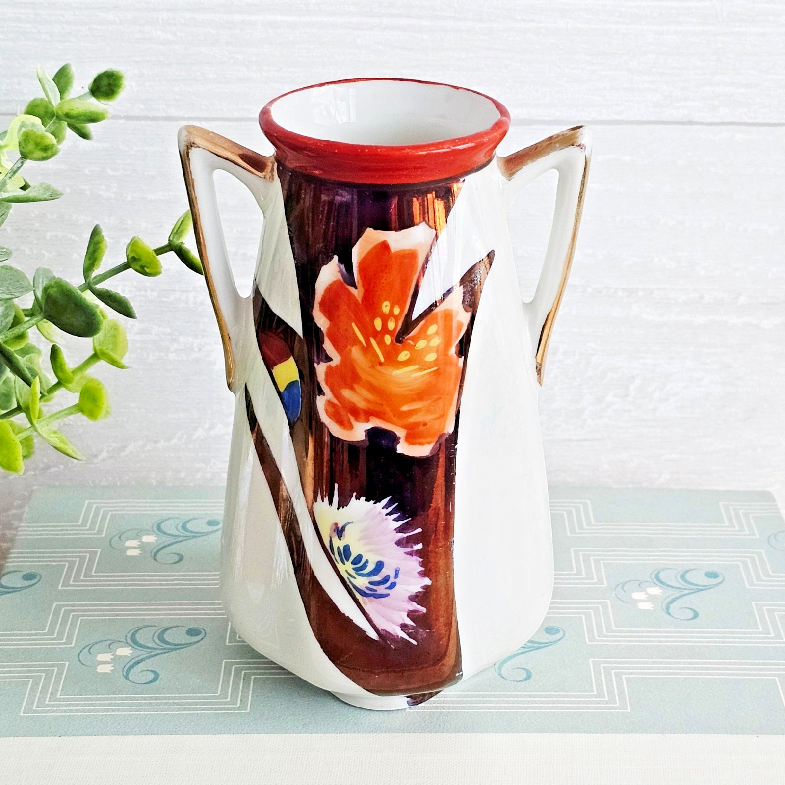 Vintage Hand-Painted Art Deco Vase Lusterware Glaze Floral Carnation Orange