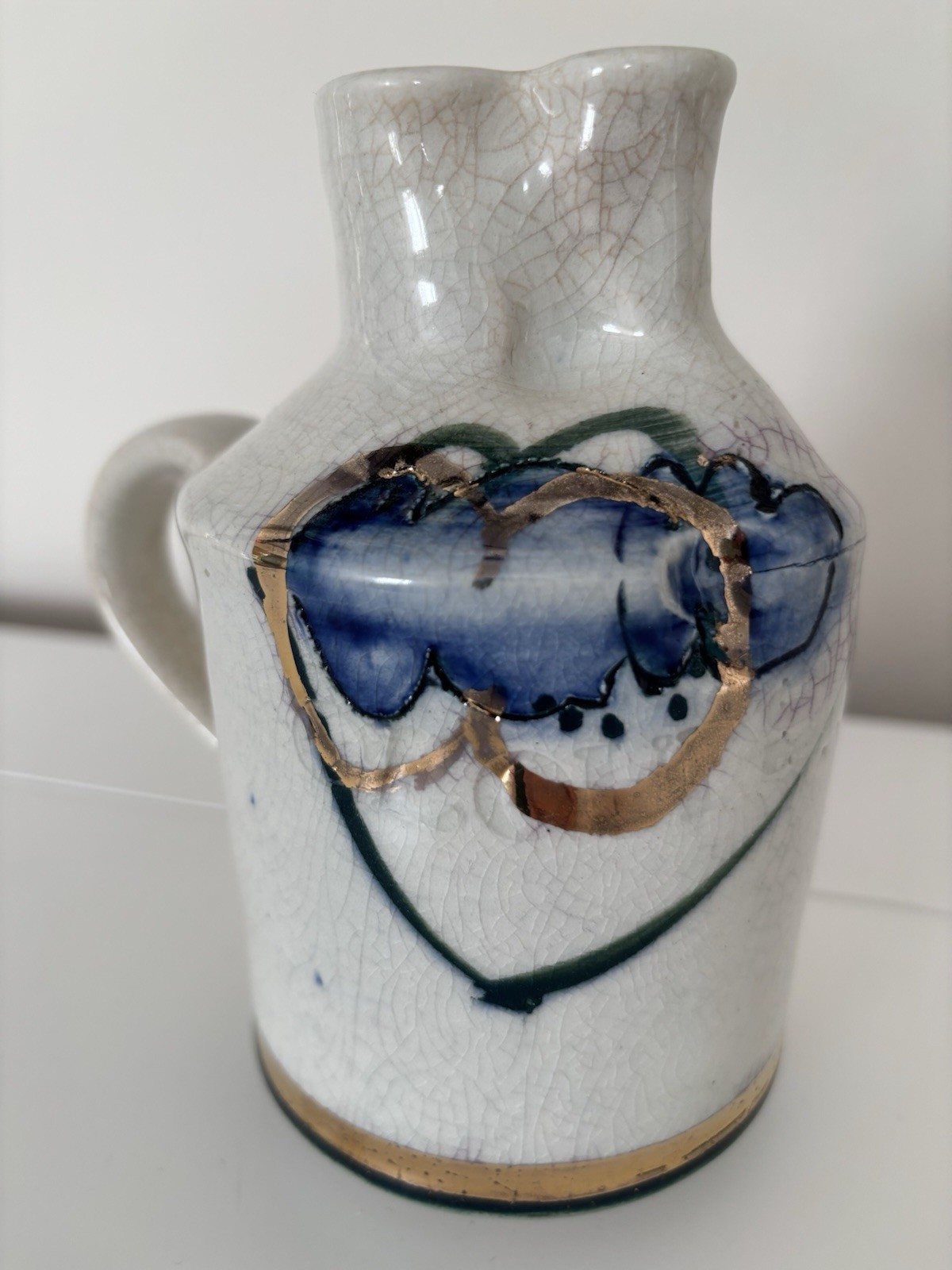 Mid-Century Modern Art Pottery Small Jar Hearts, Flowers gold , blue white
