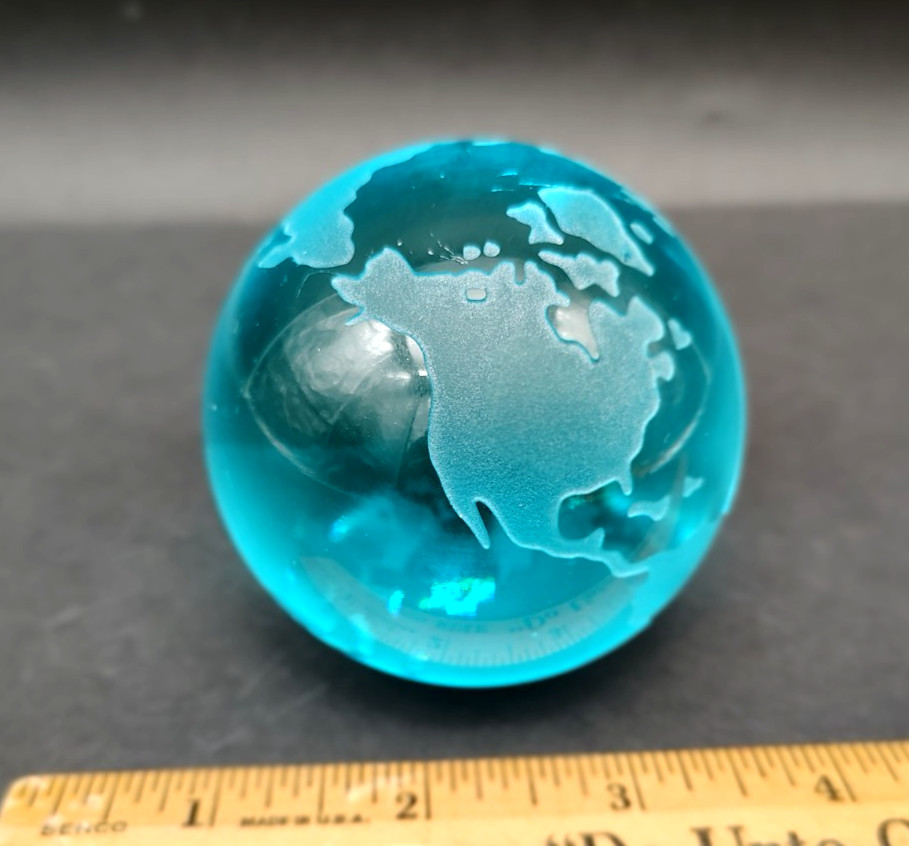 Art Glass Globe Turquoise Blue Earth Paperweight Frosted Glass Polished Bottom