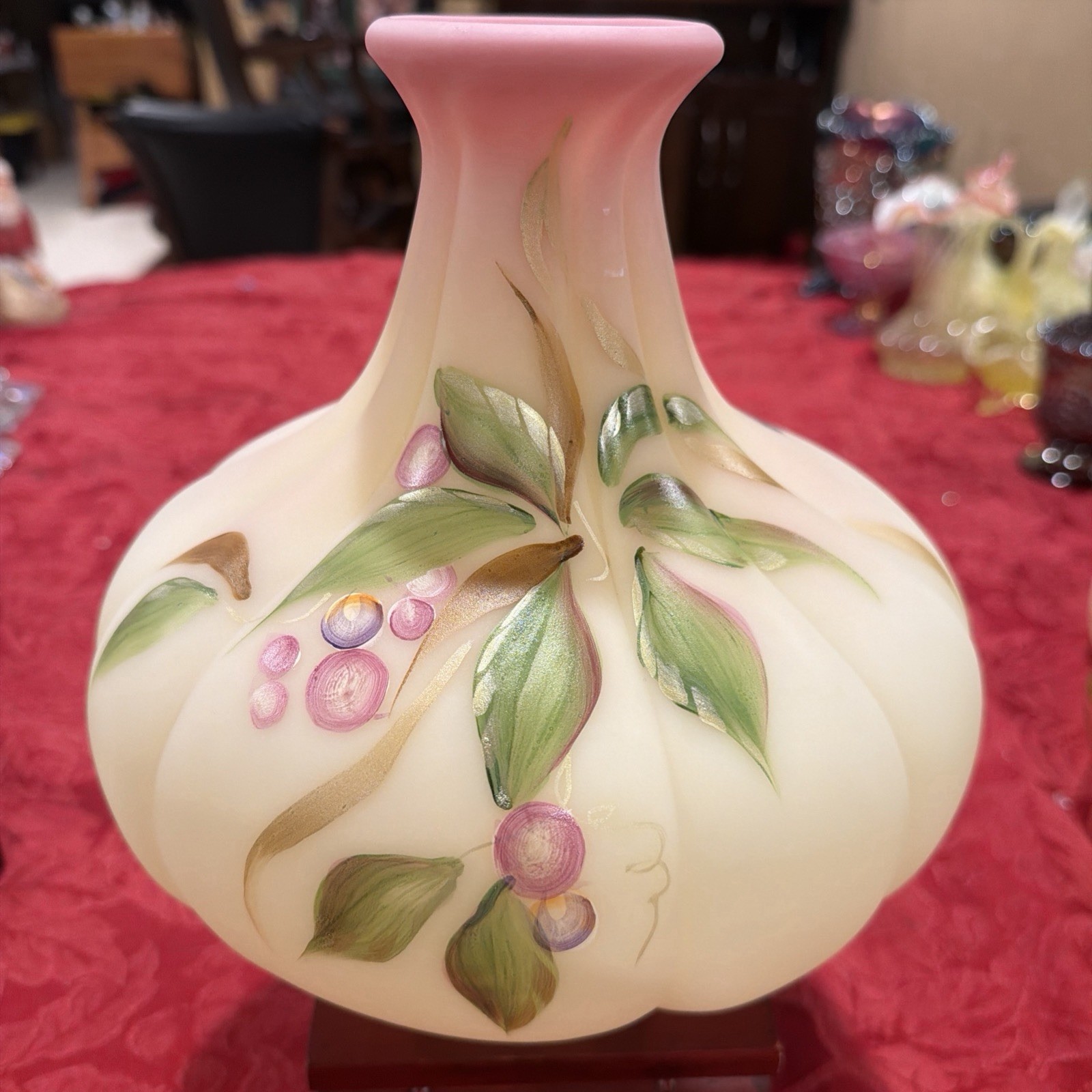 Spectacular Fenton Large Burmese Uranium Hand Painted Melon Vase 10”x9” Signed