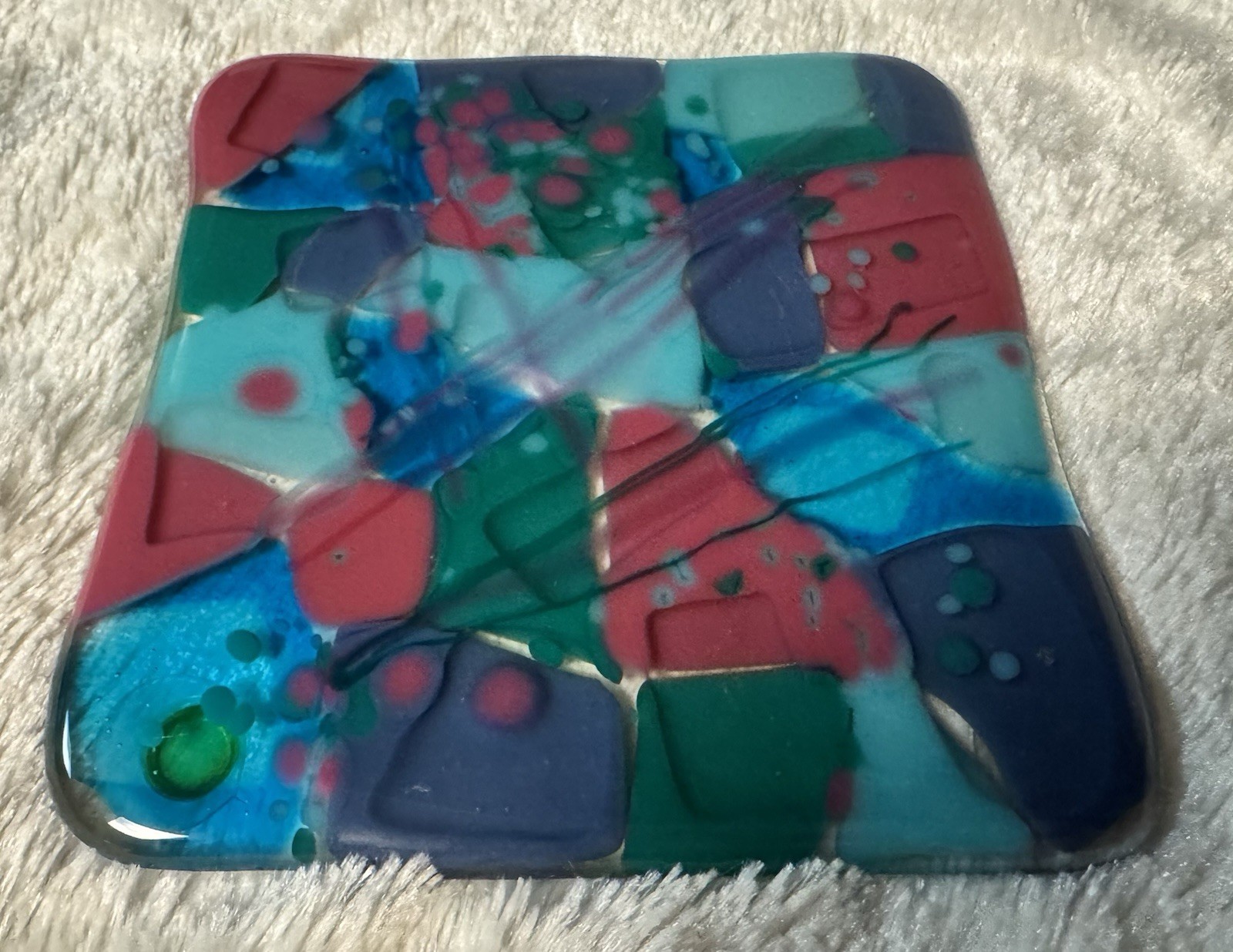 Fused Art Glass Square Candle Holder, Trinket Catcher Coaster Patchwork Colorful