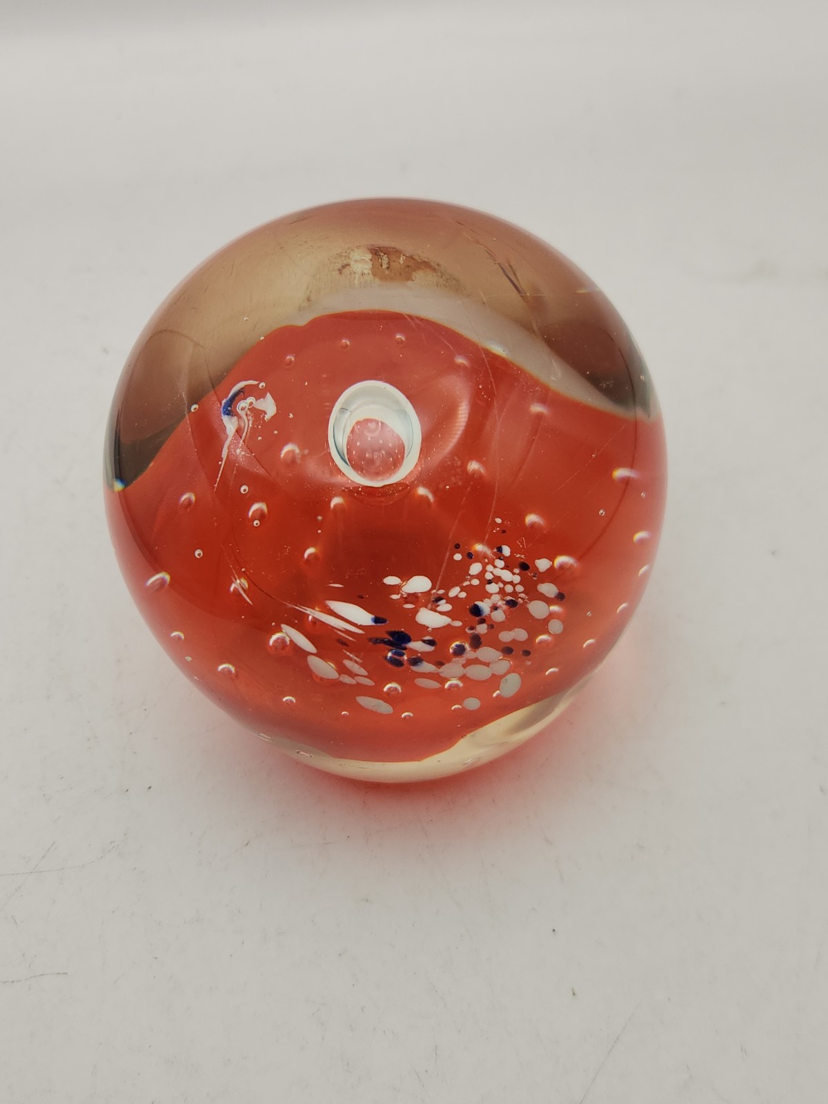 Vtg HandBlown Glass Paperweight Ball Orb Orange Blue Clear Bubble MCM Trippy