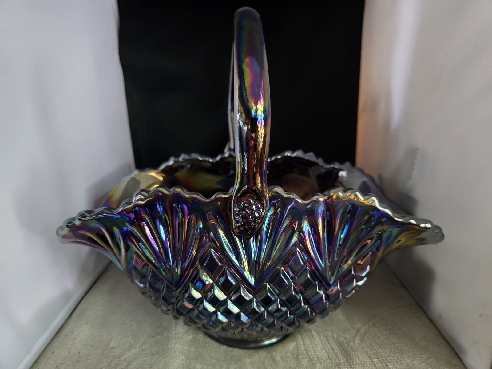 Vintage L.E. Smith Iridescent Blue Carnival Glass Pineapple Basket