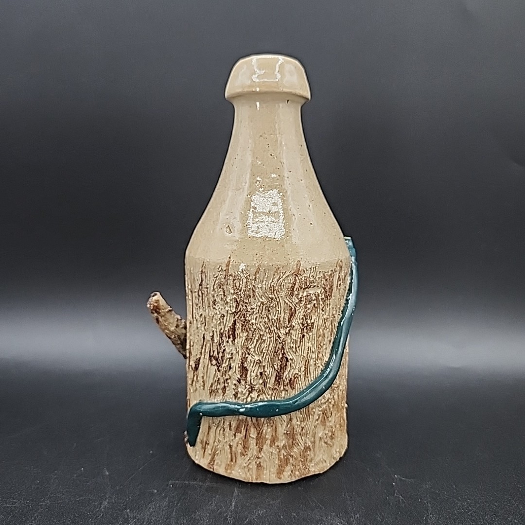 Unique Stoneware Artist Signed Pottery Bottle 7″ Tall Snake In Tree Design